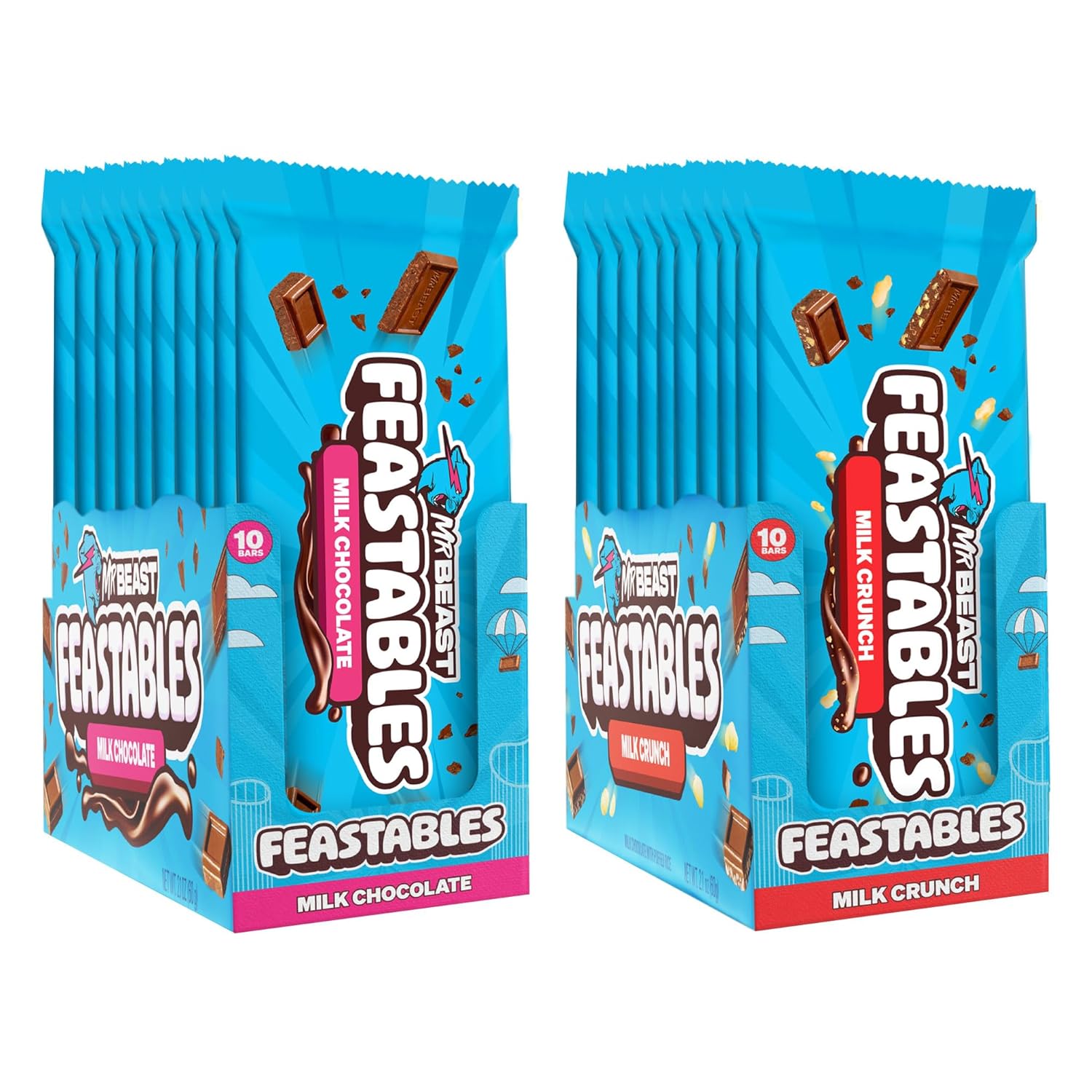 Feastables MrBeast Combo Pack, King Size Milk Chocolate & Milk Crunch Bars, 10 Each, Candy Bars for Adults & Kids, Candy Bar for Snacks, Gifts, or Dessert, Fairtrade Cocoa, 2.1 Oz Each, 20 Count