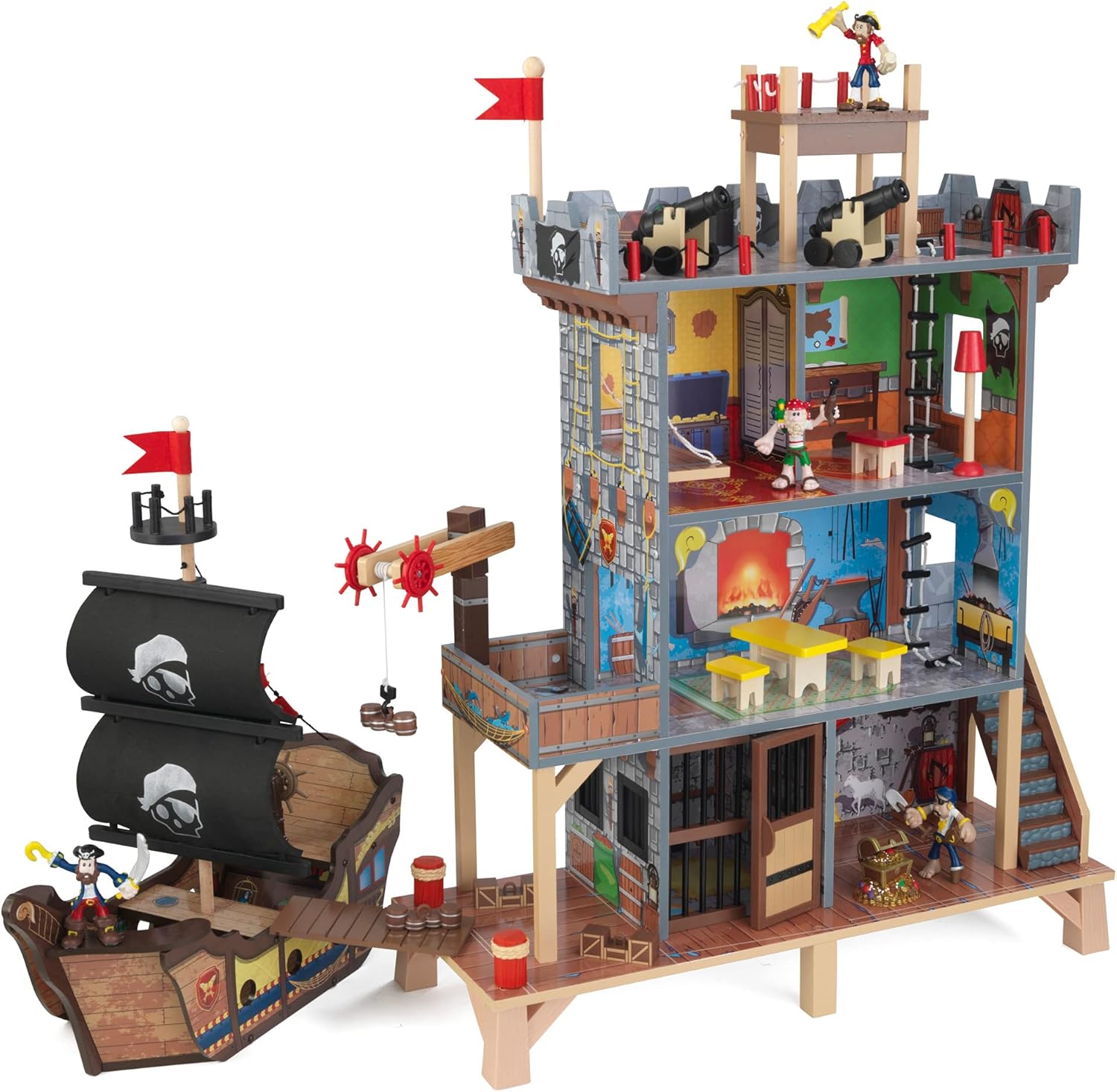 KidKraft Pirate's Cove Wooden Ship Play Set with Lights and Sounds, Pirates and 17-Piece Accessories, Gift for Ages 3+