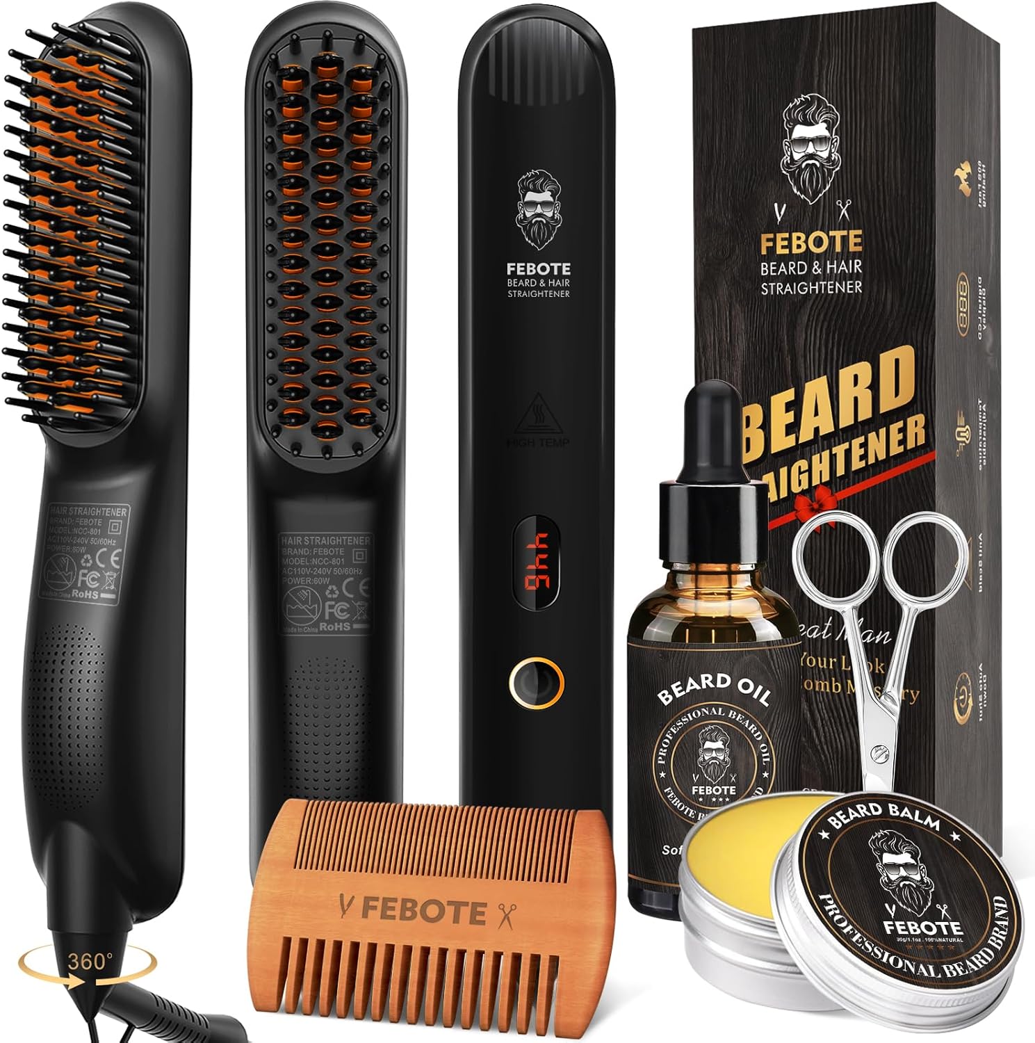 Beard Straightener Kit w/Beard Straightener, Beard Balm, Beard Growth Oil, Beard Styling Comb & Scissors, Upgraded 5-in-1 Beard Straightening, Unique Stocking Stuffer Gifts for Friend, Father & Him