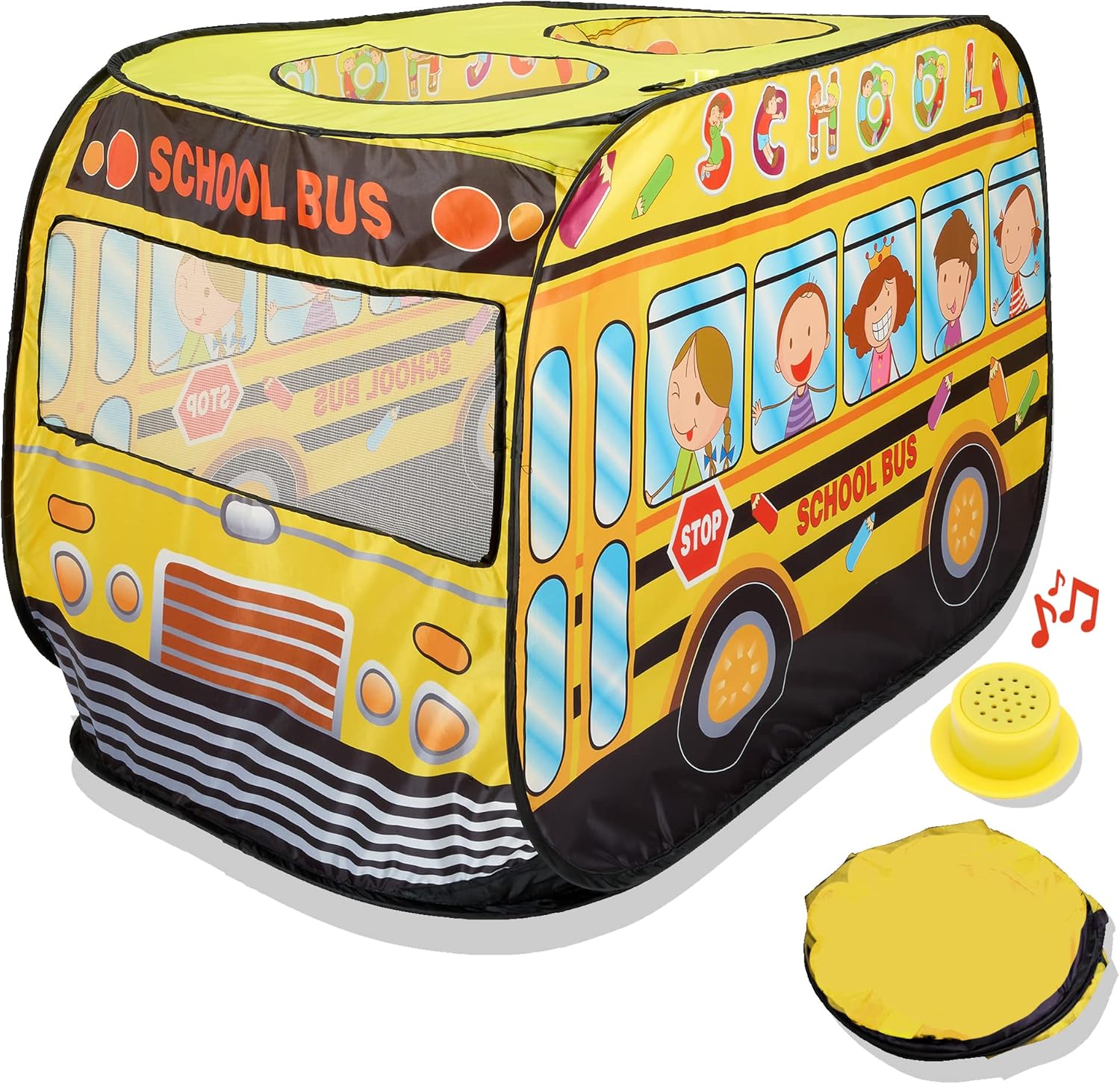 Musical School Bus Pop Up Play Tent with 3 Openings - Tent for Toddlers - Indoor & Outdoor - Pop Up Tents for Kids - Includes Carry Bag and Sound Button- 43.5x28x26.5 Inch