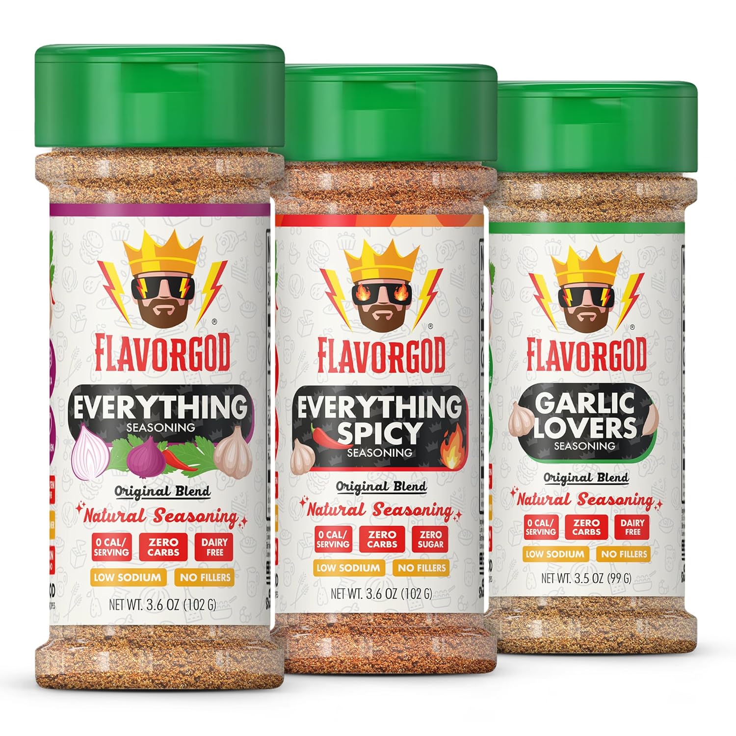 Flavor God Classic Combo Pack of 3 Herb, Spice & Seasoning Gift Set, Everything, Everything Spicy, Garlic Lovers, Natural Healthy Spice Blend, Low Sodium Chicken, Beef, Seafood, Salad Vegetable Pizza