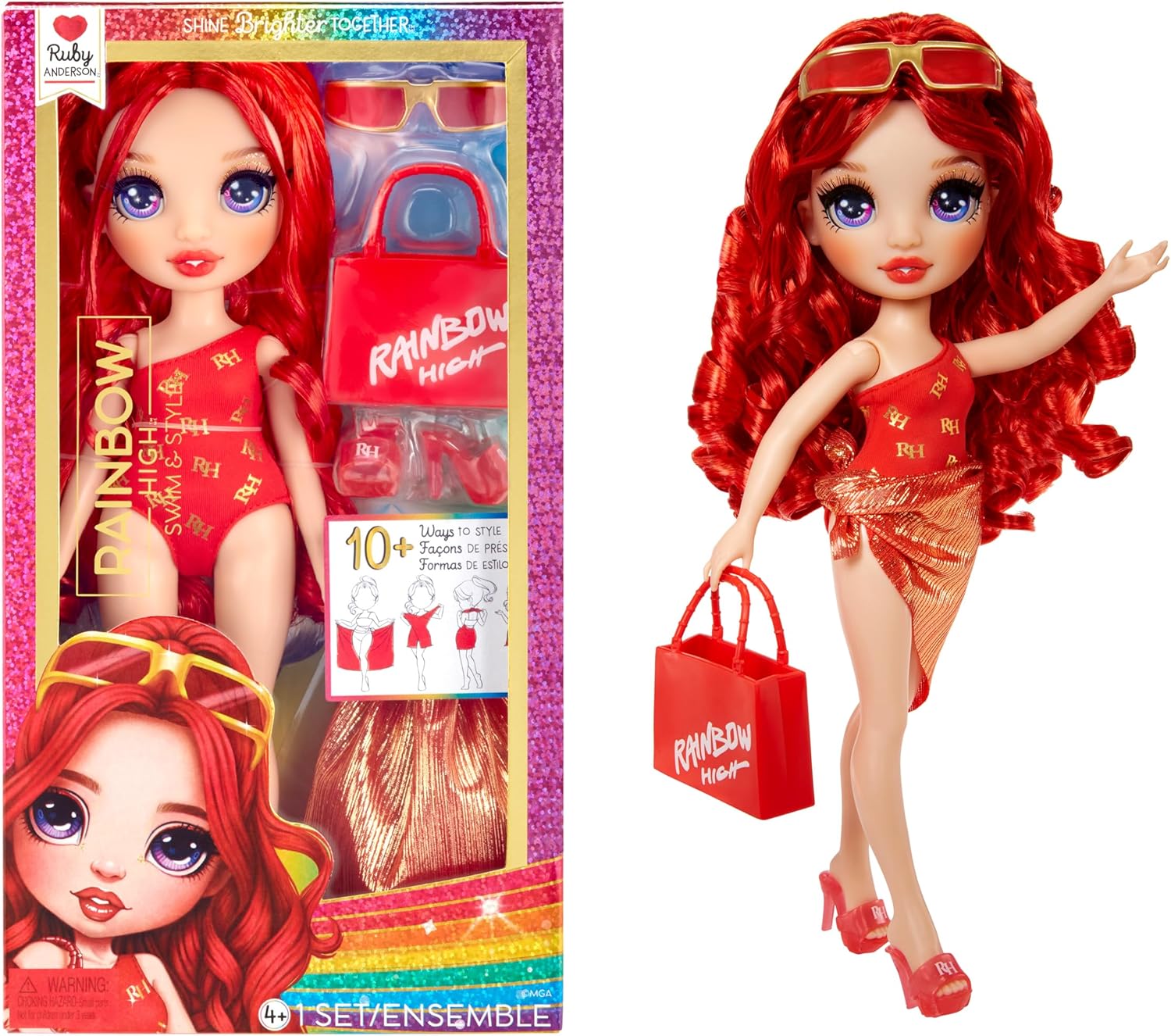 Rainbow High Swim & Style Ruby, Red 11" Fashion Doll with Shimmery Wrap to Style 10+ Ways, Removable Swimsuit, Sandals, Fun Play Accessories. Kids Toy Gift Ages 4-12 Years