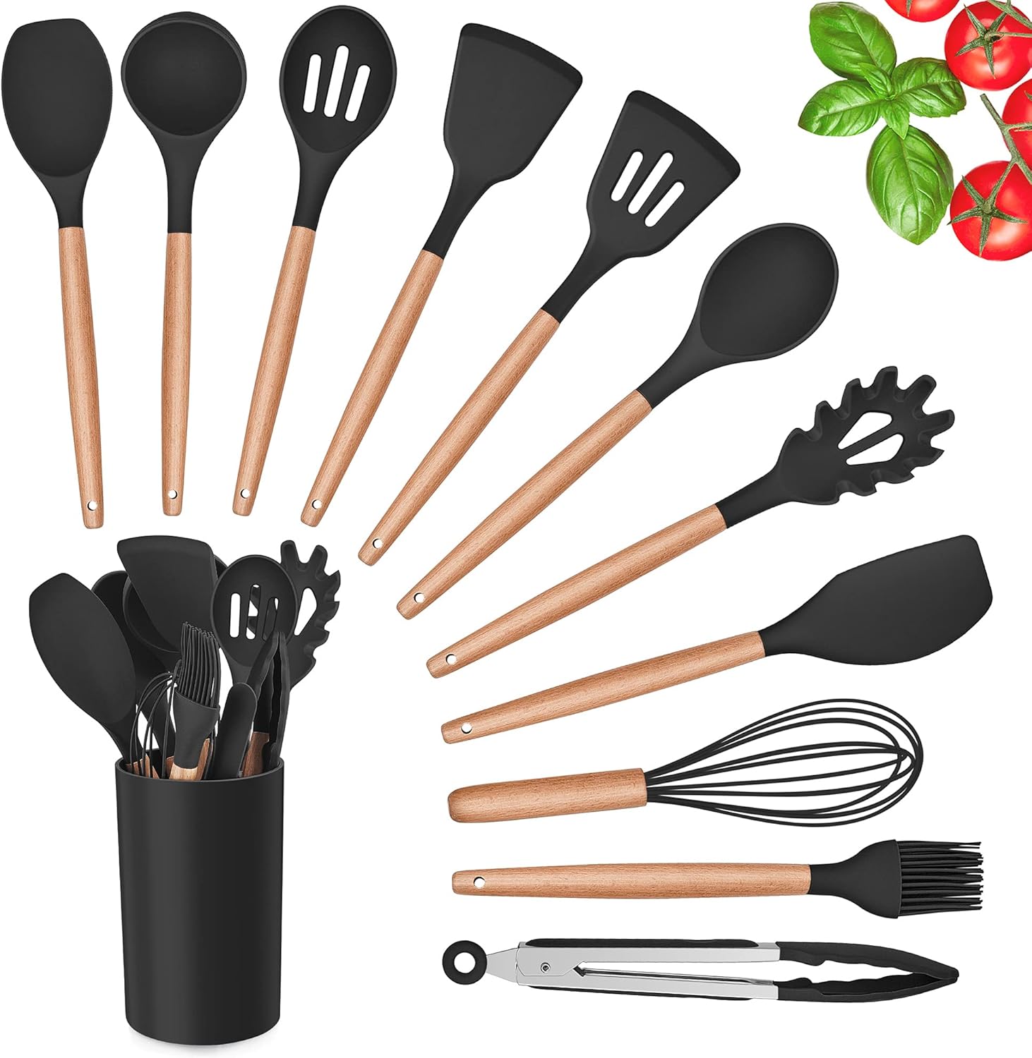 Kitchen Utensils Set, Herogo 12 Piece Silicone Utensil with Holder, Heat Resistant Cooking Utensils with Wooden Handle for Non Stick Cookware Pans, Silicone Kitchen Gadgets Tool Set (Black)