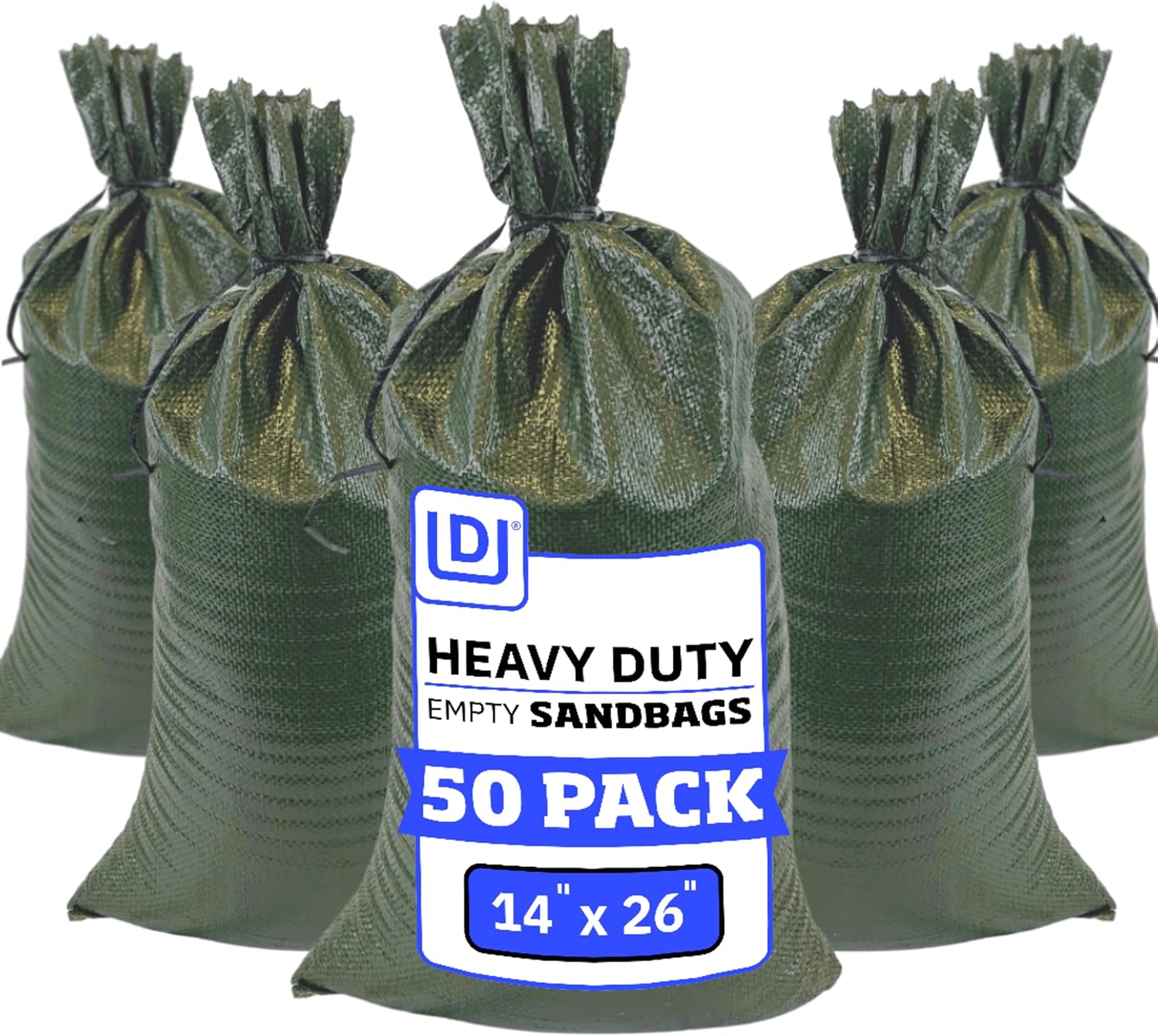 DURASACK Heavy Duty Sandbags with Ties, 14x26, Empty, Green, Pack of 50