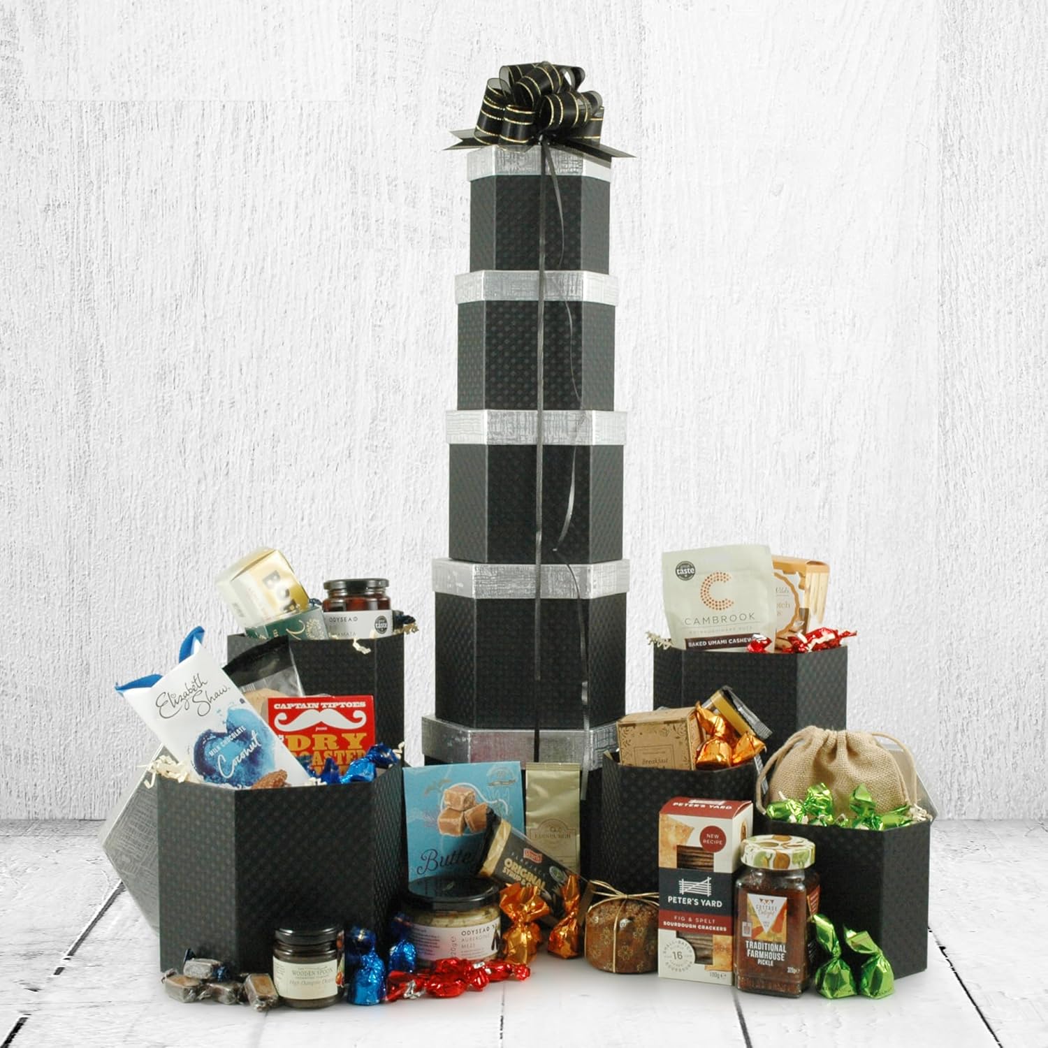 The Eye-Full Gift Tower - Gourmet Food Hamper with Award Winning Food, Chocolates & Cookies - 73cm Tall Tower Presented in 5 Large Gift Boxes Wrapped with Ribbon