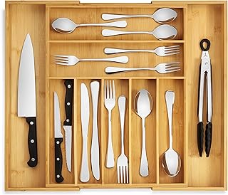 Purawood - Large Premium Bamboo Silverware Organizer - Expandable Kitchen Drawer & Utensil Organizer, 17" x 19.75" Cutlery Tray with Drawer Dividers for Kitchen Flatware (7-9 Slots) (Natural)