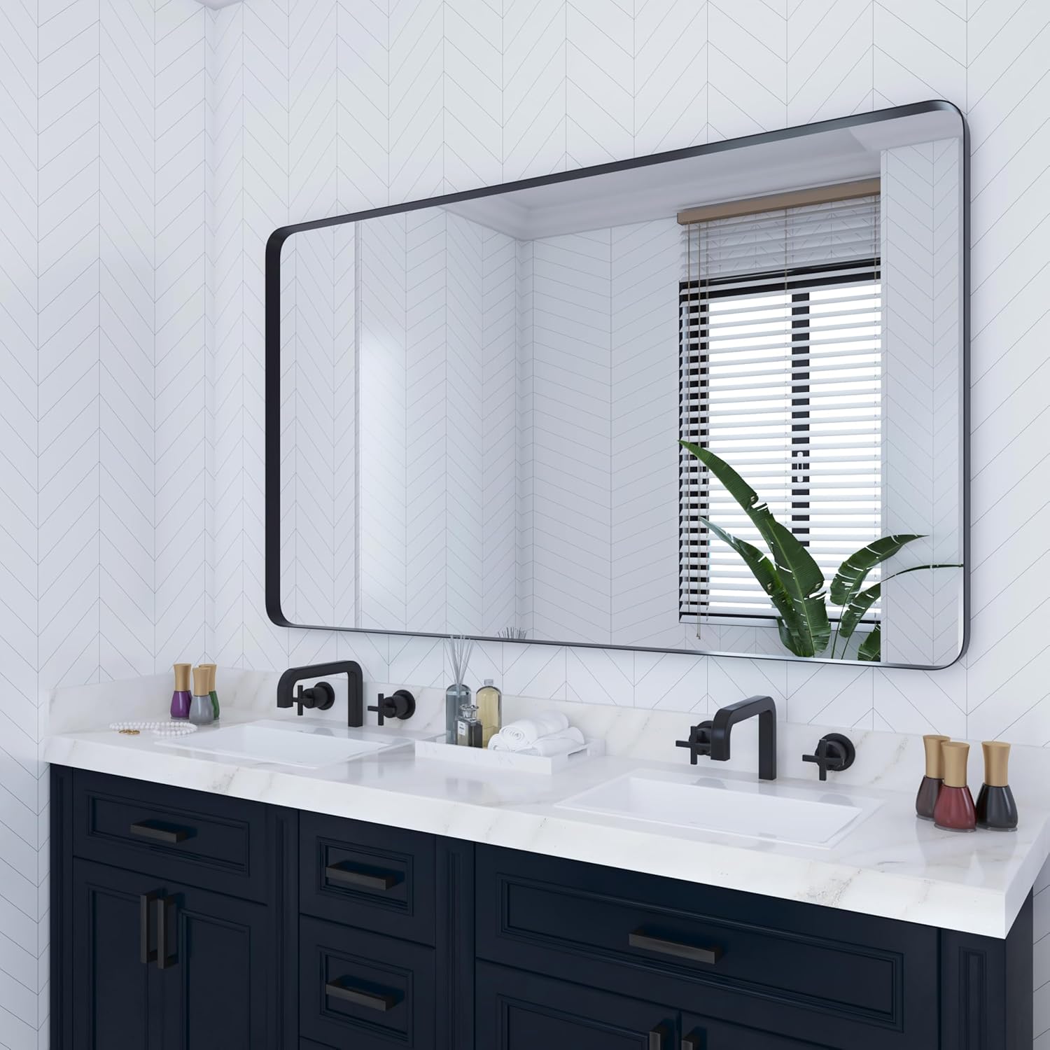 48 x 32 Inch Black Metal Framed Bathroom Mirror for Wall, Large Rounded Rectangle Matte Black Bathroom Vanity Mirror Farmhouse, 1/4-inch Shatterproof Glass | Ultra-Flush Hanging