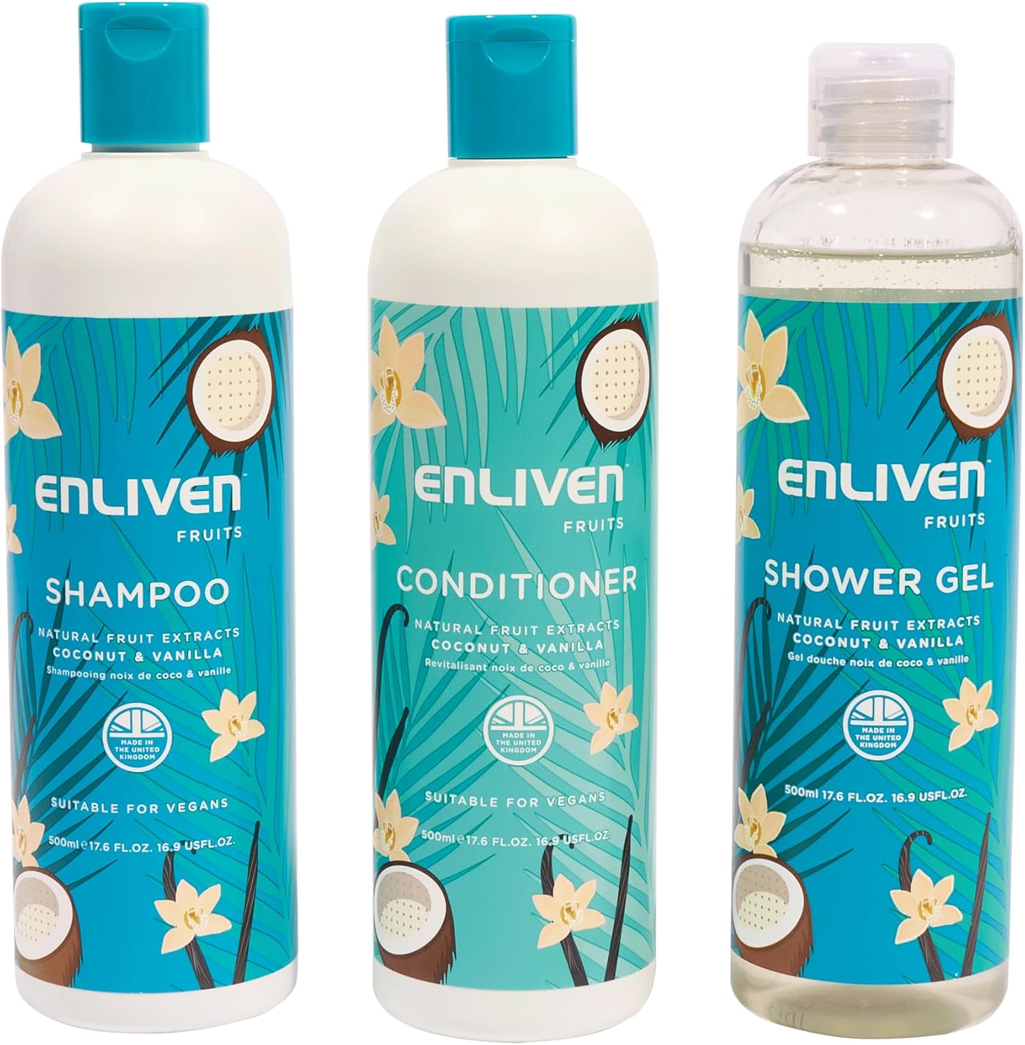 Enliven Naturals Coconut & Vanilla Shower Gel, Shampoo & Conditioner Bundle - 500ml x 3 - Bath Set - Shampoo and Conditioner Sets - UK Produced & Suitable for Vegans