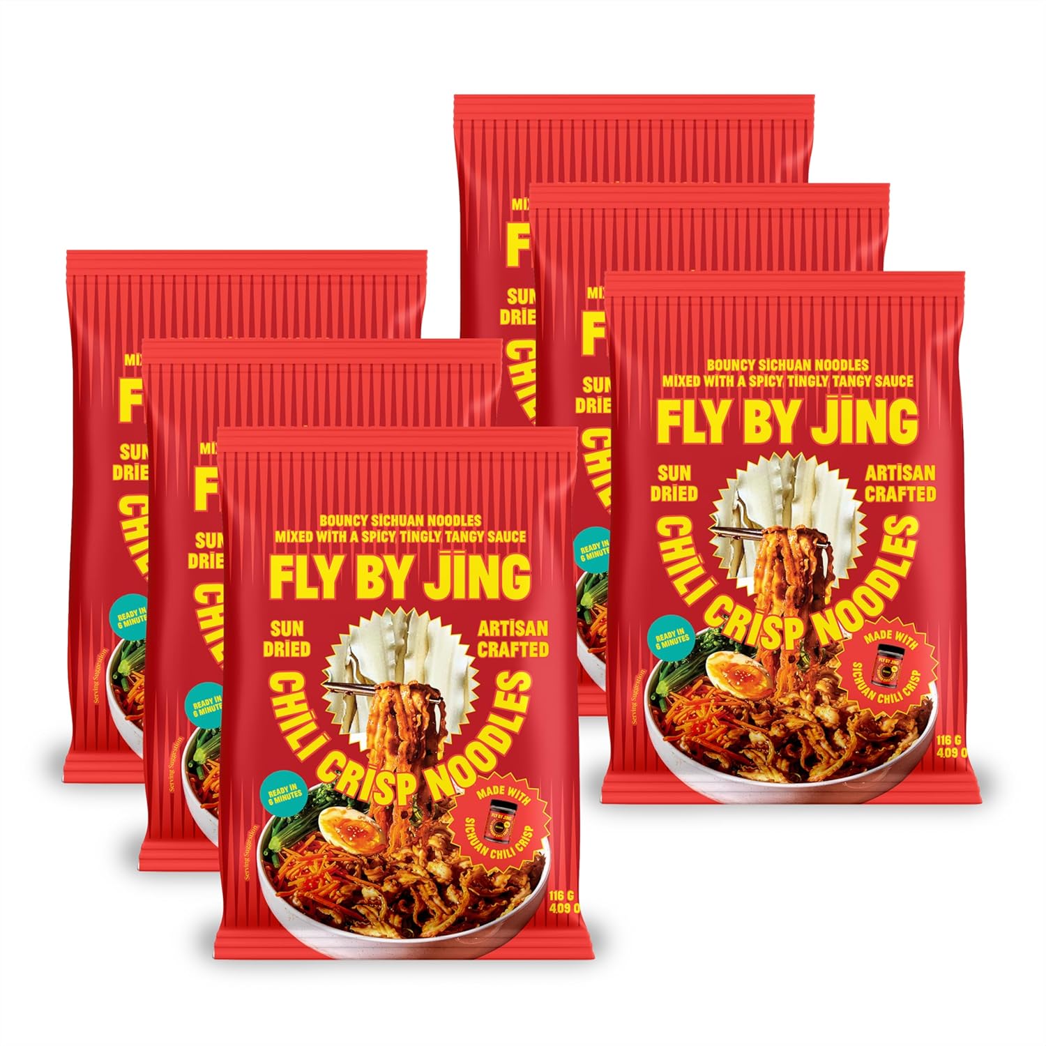 FLYBYJING Chili Crisp Noodles - Sun-Dried, Wavy Chinese Instant Noodles Tossed in Sichuan Chili Crisp Sauce - Ready in 6 Minutes - Vegan, High Protein, No MSG, 4.02 oz (Pack of 6)