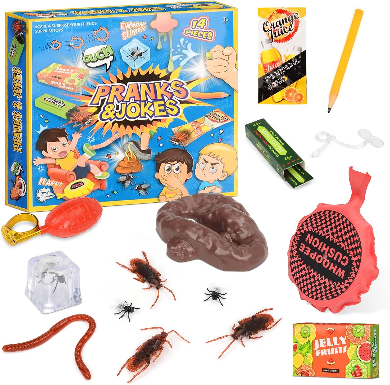 14Pcs Practical Joke Kit, Pranks Toys for Kids Adults, Included Whoopee Cushion, Fake Poo, Fake Roaches, Haloween April Fools Novelty Practical Jokes gift Presents