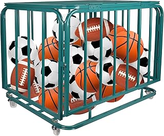 Sports Equipment Organizer Foldable Mental Sports Ball Storage Cart with Lid and Wheels Rolling Ball Cart for Gym, School, Indoor and Outdoor, Green