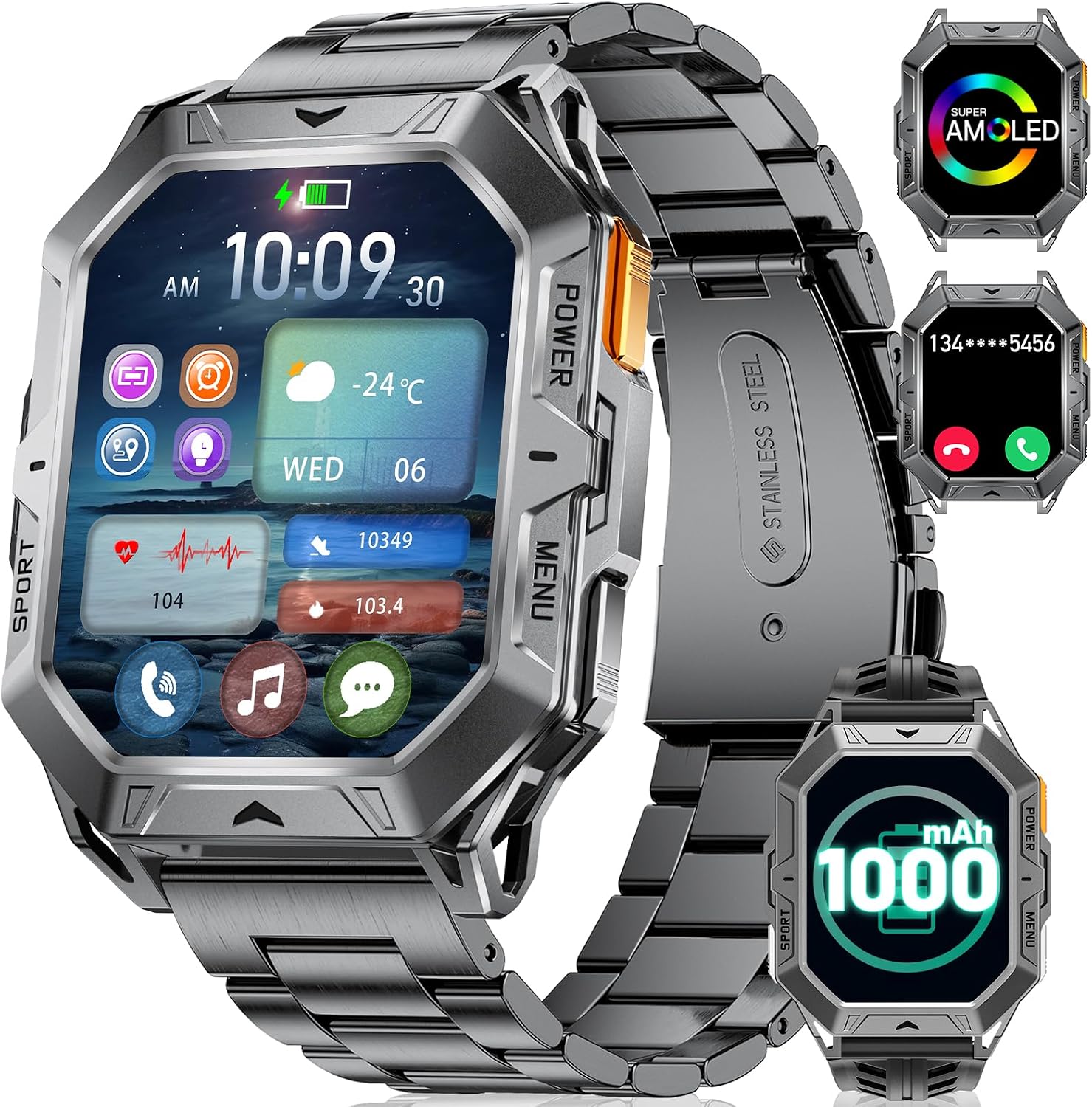 Smart Watch for Men/1000mAh Battery,2.13'' Amoled Large Screen Military Smartwatch with Answer Make Call,Heart Rate SpO2 Sleep Monitor,120 Sports,5ATM Waterproof Fitness Watch with for Android iOS