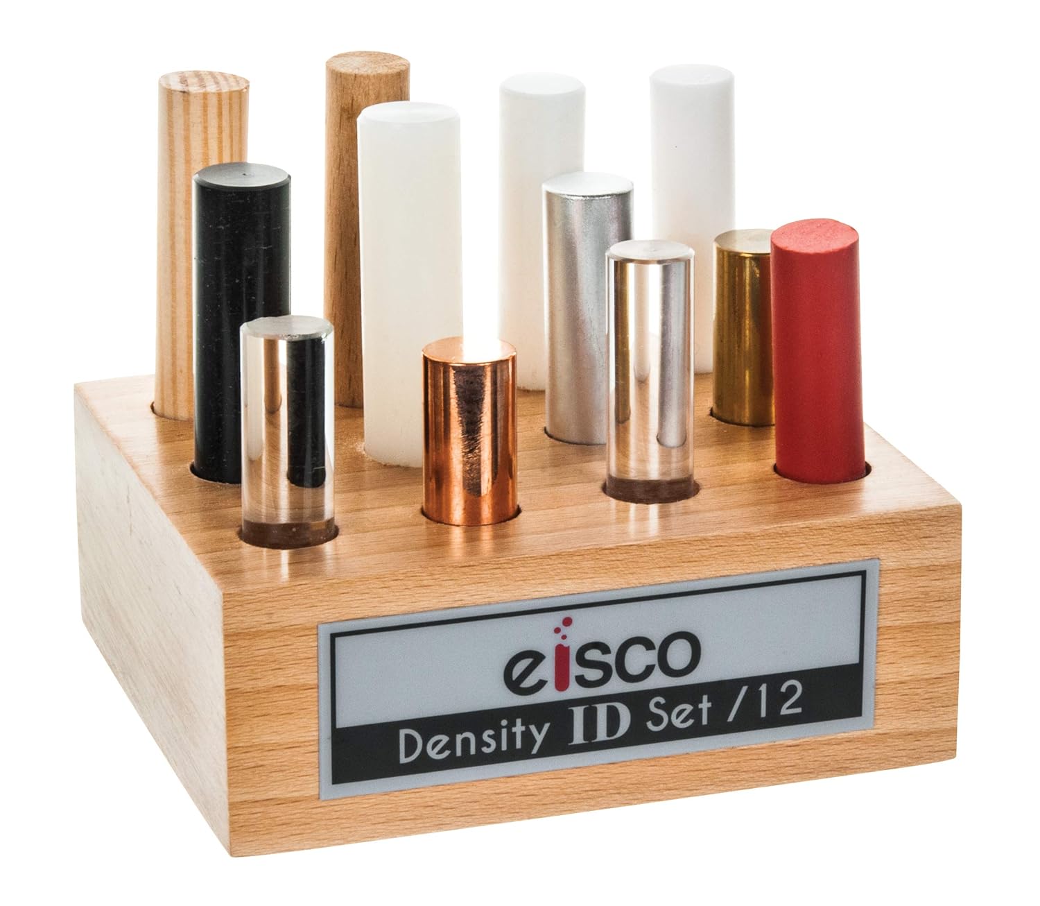 EISCO 12pc Cylindrical Bars Density ID Set - Hardwood, Softwood, Aluminum, Copper, Brass, Rubber, Nylon, Derlin, PVC, Glass, Acrylic & Teflon - Includes Storage Block - Study Density & Mass