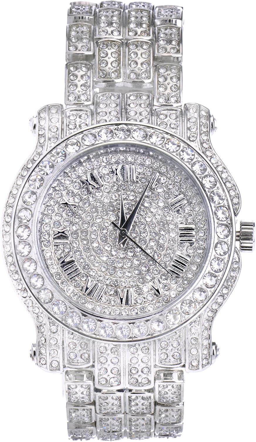 Techno Pave Men's 45mm Iced Diamond Roman Dial Watch - Quartz Movement