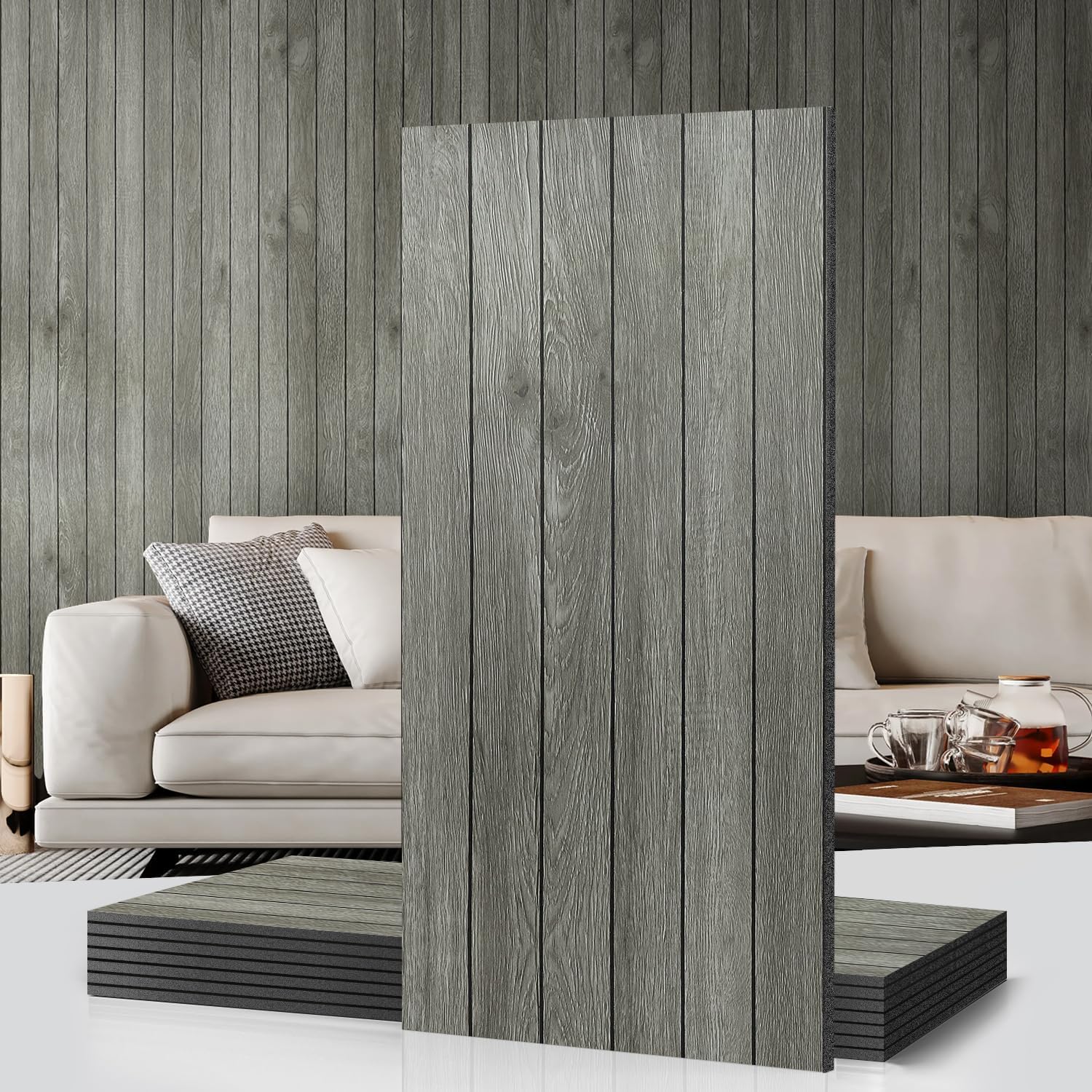 3D Wood Slat Wallpapers, 8PCS 11.8"x23.6" Waterproof Removable Faux Wood Grating Peel and Stick Self Adhesive Wall Panel for Ceiling,Living Room Bedroom Home Decoration(Grey,15.5 Sq.ft)