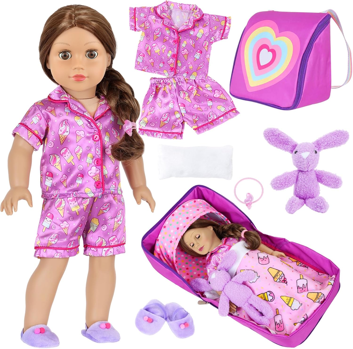 Ecore Fun 18 Inch Doll Clothes and Accessories, Bedding Accessories (8pcs) - Multi-Functional Sling Bag(Unfold Into A Bed), Pajamas, Slippers, Pillow, Blanket, Toy Rabbit, Hairband