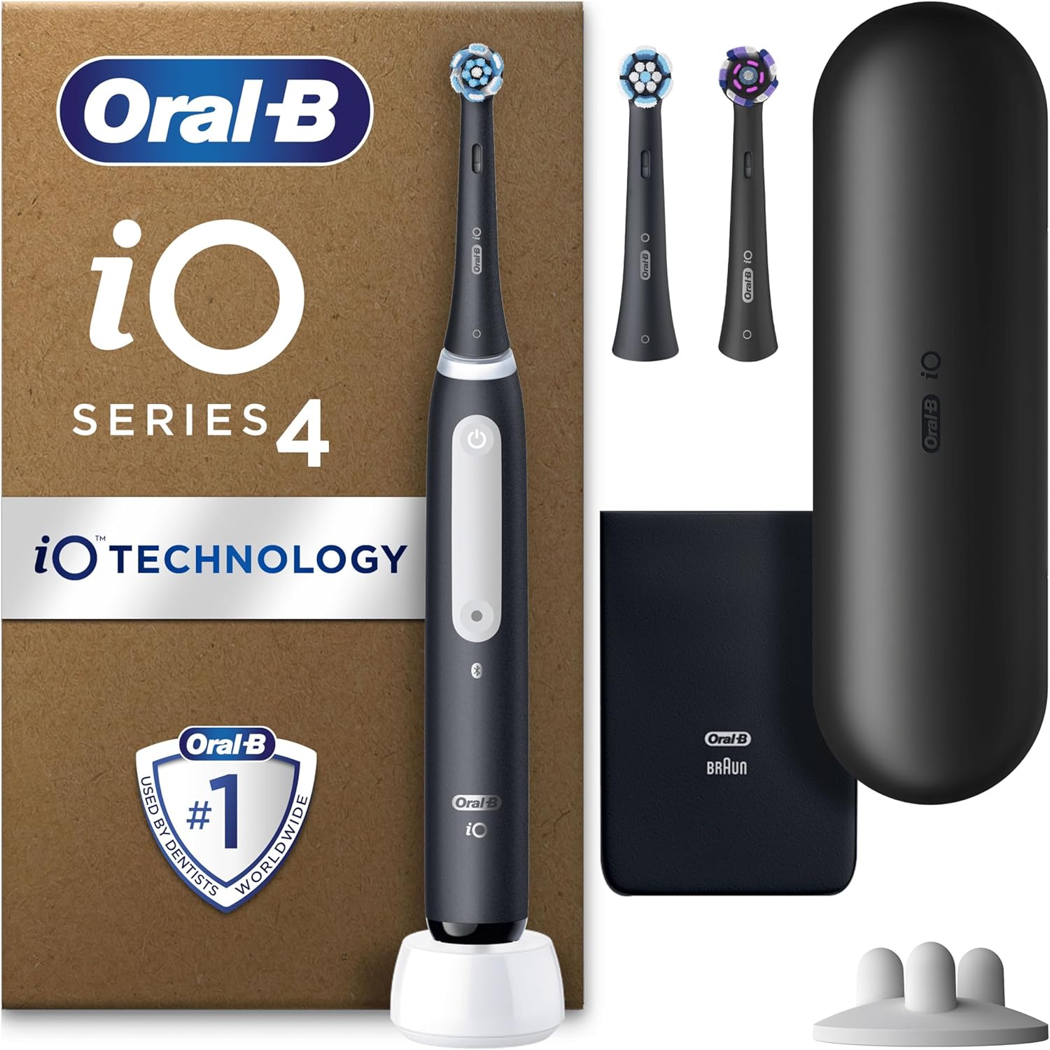 Oral-B iO4 Electric Toothbrush For Adults, 3 Toothbrush Heads, Travel Case & Toothbrush Head Holder, 4 Modes With Teeth Whitening, 2 Pin UK Plug, Black