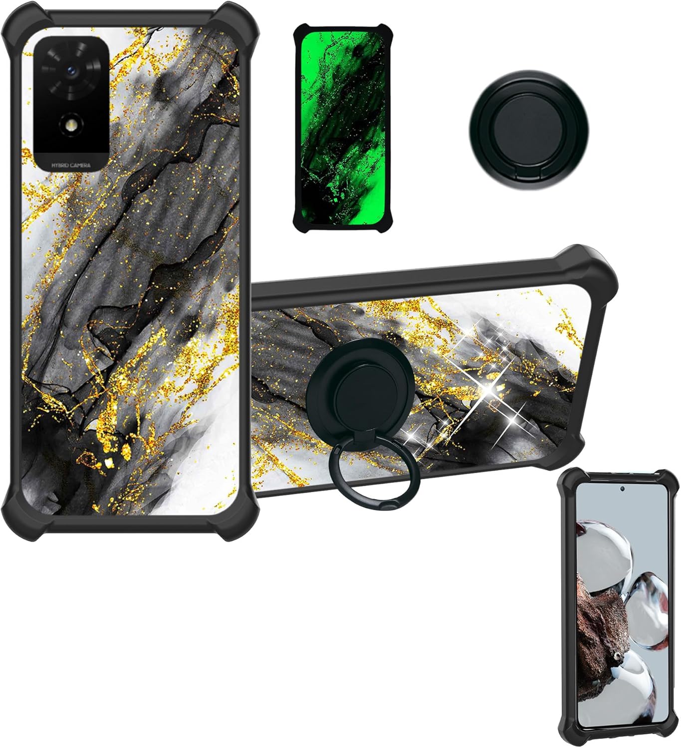 TCL K24 Case Compatible for TCL K24 Phone Case T434D Cover [Ring Support][PC + Silicone] [Gold Glitter+Luminous] JSH-HDL