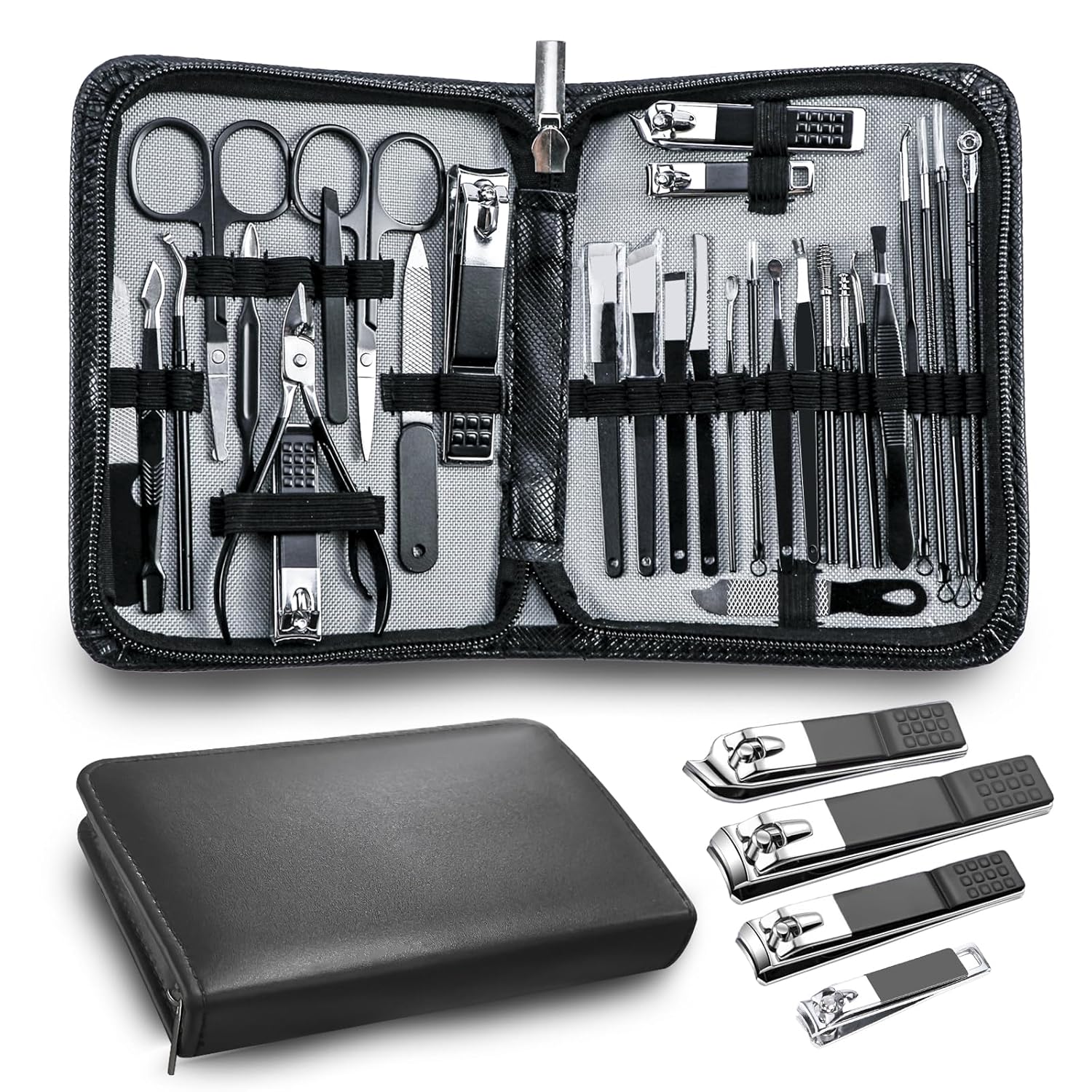 Manicure kit Personal Care Mens Grooming Kit, 30 in 1 Professional Nails Kit Pedicure Kit, Nail Clippers for Men and Beauty Tool Portable Set, with Luxurious Travel Case (Black)