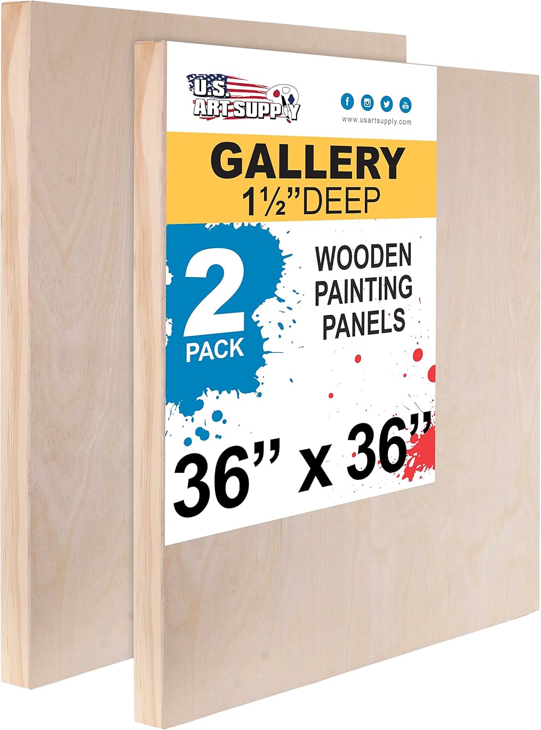 U.S. Art Supply 36" x 36" Birch Wood Paint Pouring Panel Boards, Gallery 1-1/2" Deep Cradle (Pack of 2) - Artist Depth Wooden Wall Canvases - Painting Mixed-Media Craft, Acrylic, Oil, Encaustic