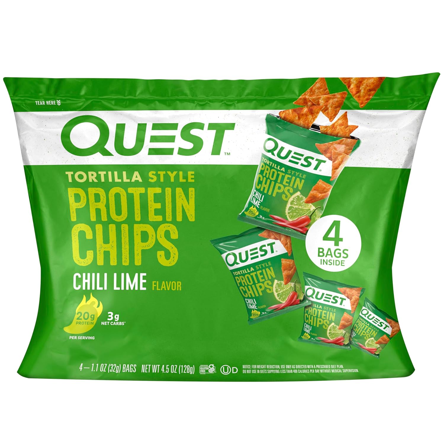 Quest Nutrition Chili Lime Tortilla Style Protein Chips, 20g Protein, 3g Net Carbs, Low Carb, Gluten Free, 1.1 oz (Pack of 4)
