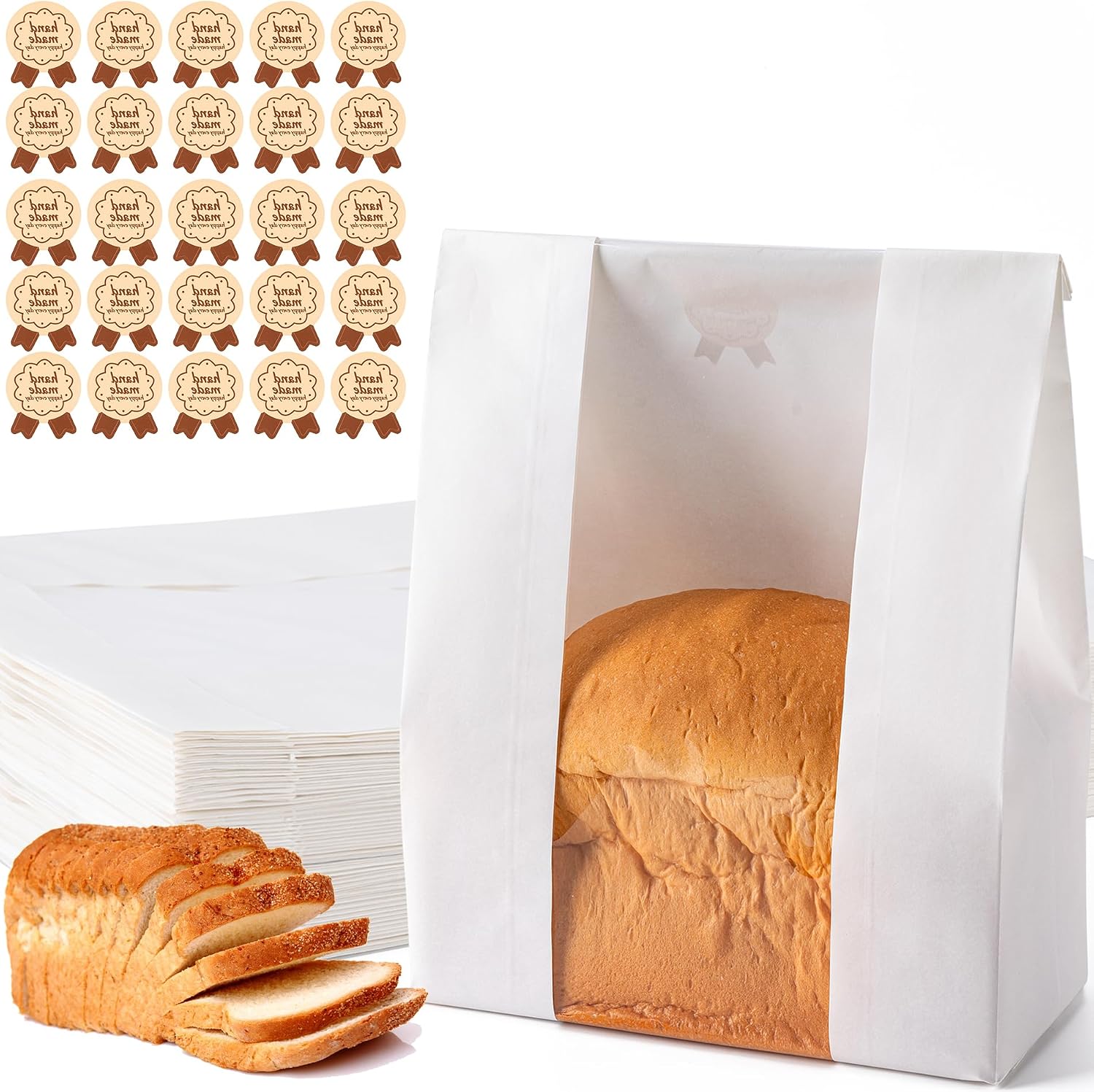 25PCS Paper Bread Bags, Large Sourdough Bread Bags for Homemade Bread Bakery Storage with Window, Includes 25PCS Label Seal Stickers (13.7x8.3x3.5 inch, White)