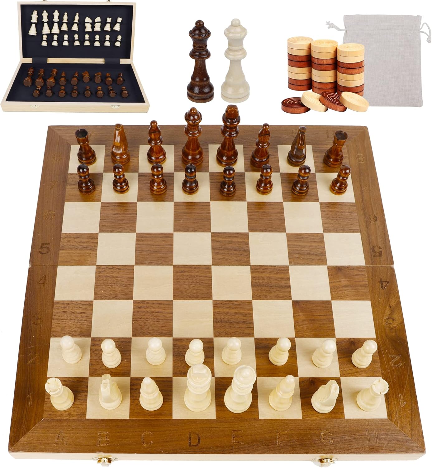 Juegoal 17" Wooden Chess & Checkers Set, 2 in 1 Board Games for Kids and Adults, with Felted Game Board Interior for Storage, Travel Portable Folding Chess Game Sets, 2 Extra Queen, 24 Checkers Pieces