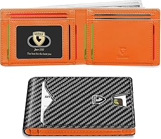 GSOIAX Slim Wallet for Men with 11 card Slots Rfid Blocking Carbon Fiber wallets Bifold Credit Card Holder Minimalist Leather With Gift Box (Carbon Black and Orange)