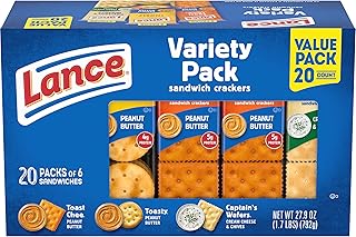 Lance Sandwich Crackers, Variety Pack, 3 Flavors, 20 Individually Wrapped Packs, 6 Sandwiches Each
