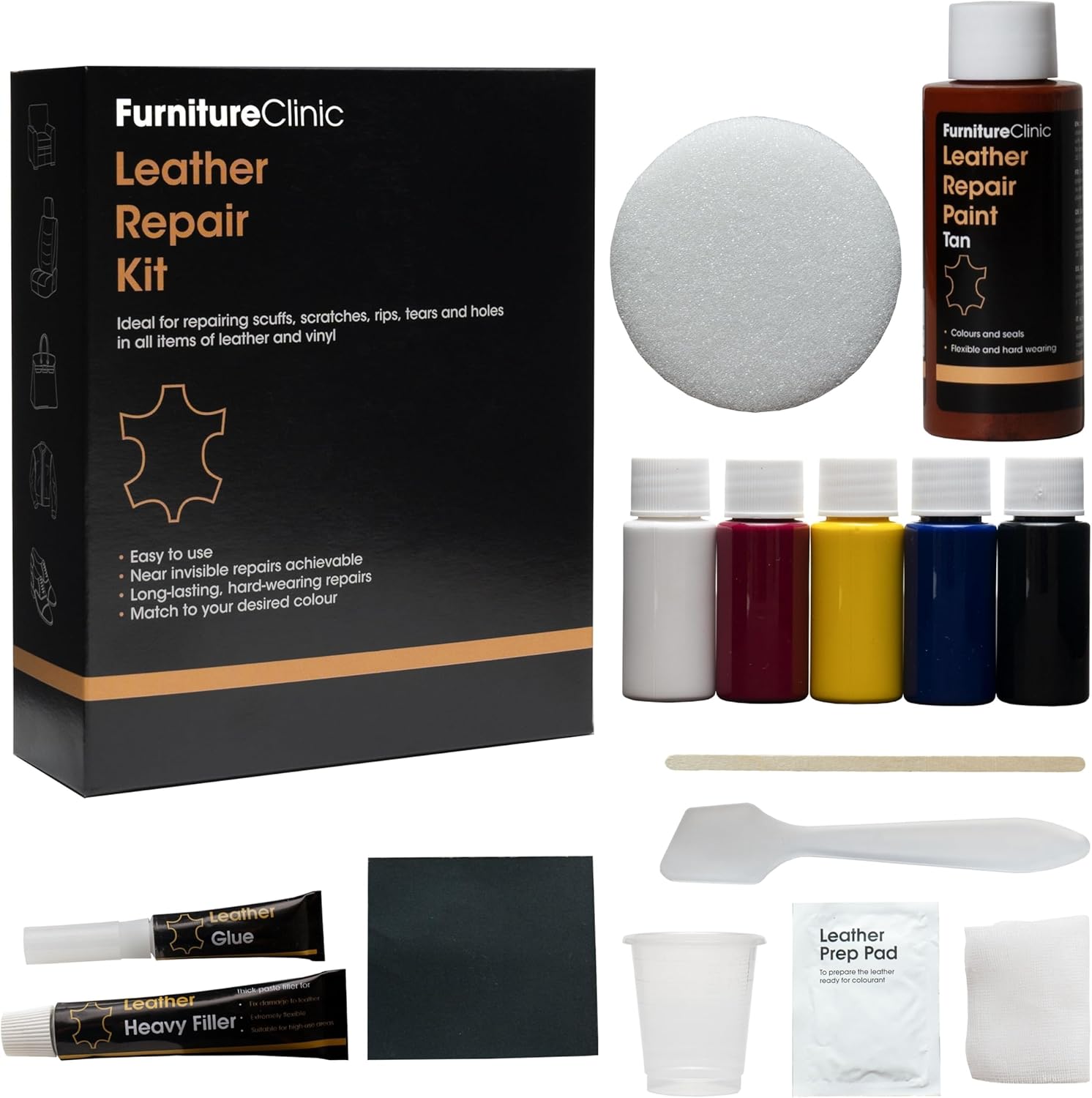 Furniture Clinic Complete Leather Repair Kit (Tan) -12 Colour Options for Sofas, Car Seats - Matches All Shades of Leather - Patch, Fill & Touch up Scratches, tears and Other Damaged Areas