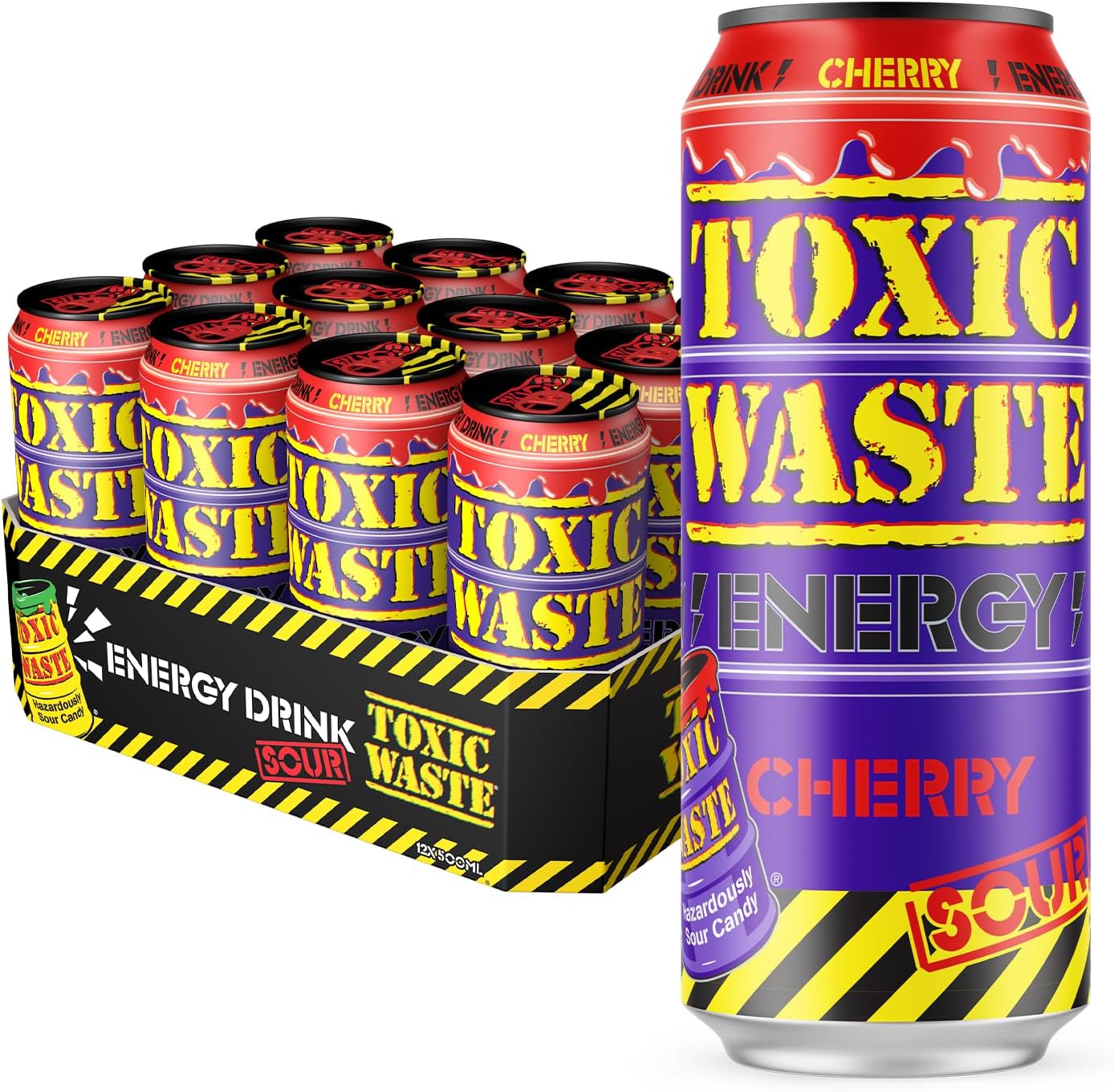 TOXIC WASTE Sour Cherry Energy Drink – 12 x 500ml Cans, Sparkling Fizz with Bold Flavour, Multipack for Gaming, Study, Parties, Road Trips and Fun Sharing