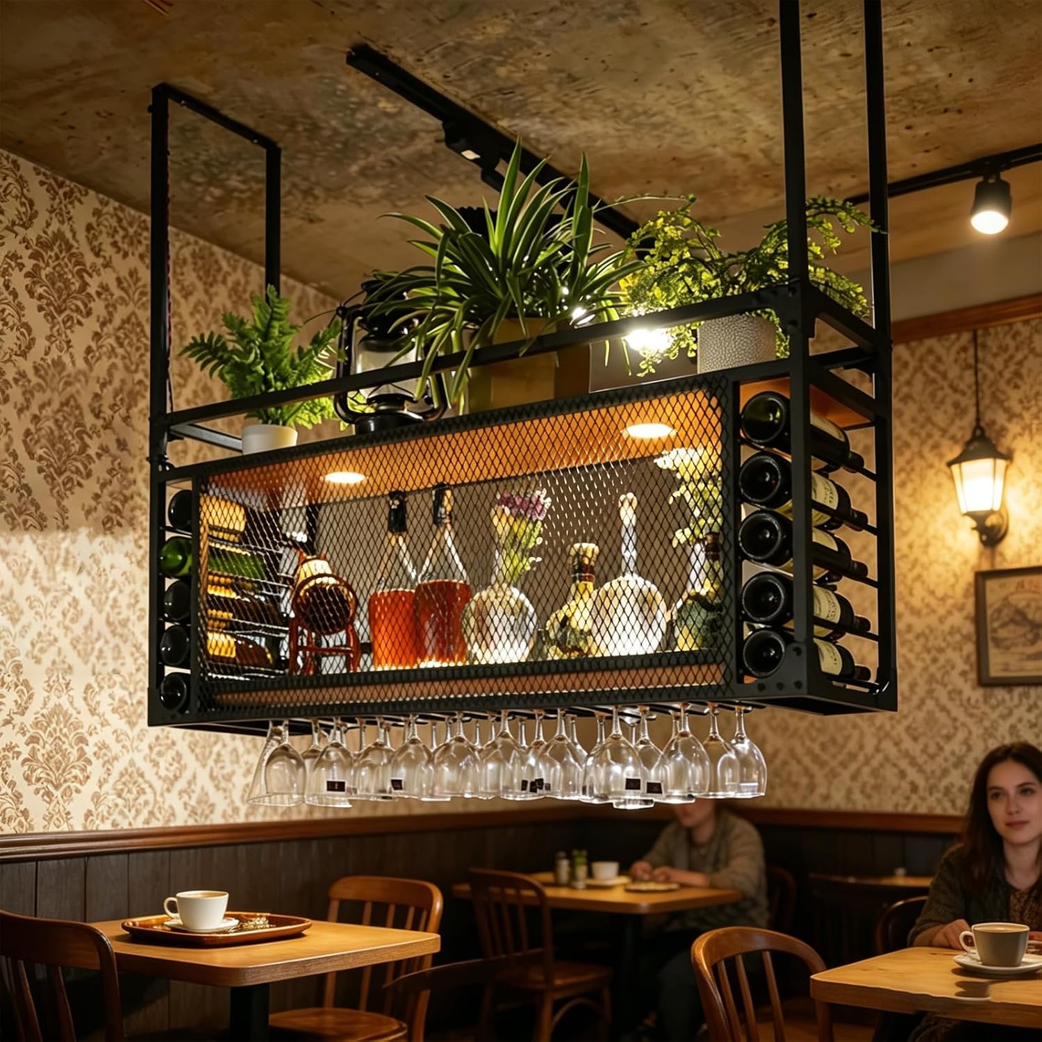 Modern Metal Wall Mounted Wine Display Rack, Large Capacity Ceiling Wine Rack, Can Hanging Or Wall Mounted, Simple Type With Light Wine Rack For Bar, Restaurant, Indoor (BLACK, 100*30*55+40cm)