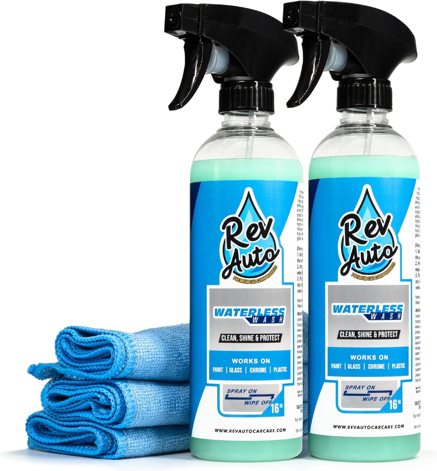 Rev Auto Waterless Car Wash Kit - Cleans Vehicles Without Water Source/Includes Two 16oz Waterless Wash Spray Cleaner and Microfiber Towels | Car Exterior Cleaner | No Rinse Car Wash Cleaning Spray