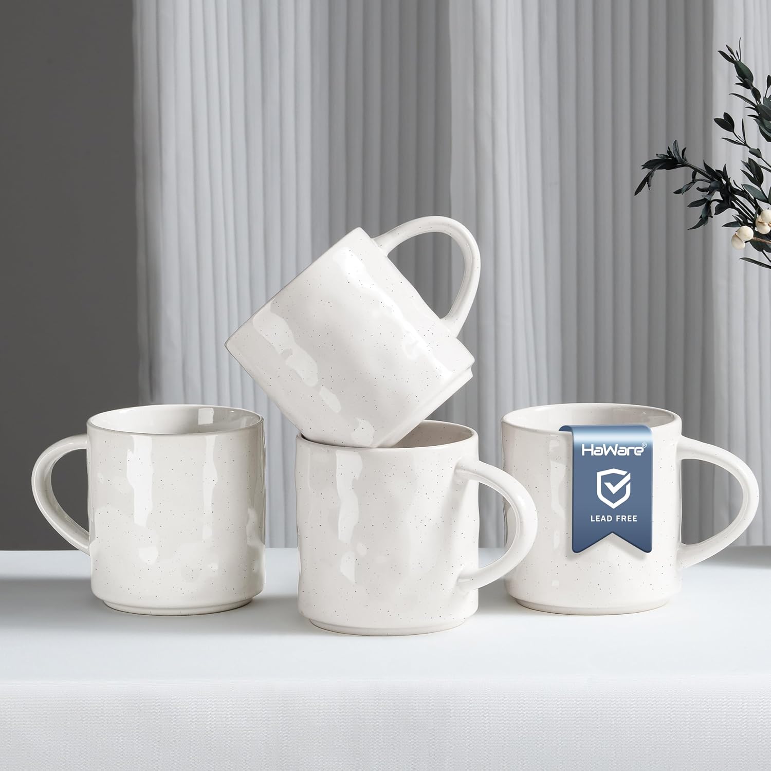 HaWare 14OZ Coffee Mugs Set of 4, Stoneware Coffee Cups with Handle, Latte Mug for Man, Woman, Dad, Mom, Modern Tea Mugs for Latte/Cappuccino/Cocoa/Milk, Dishwasher& Microwave Safe, Speckled White