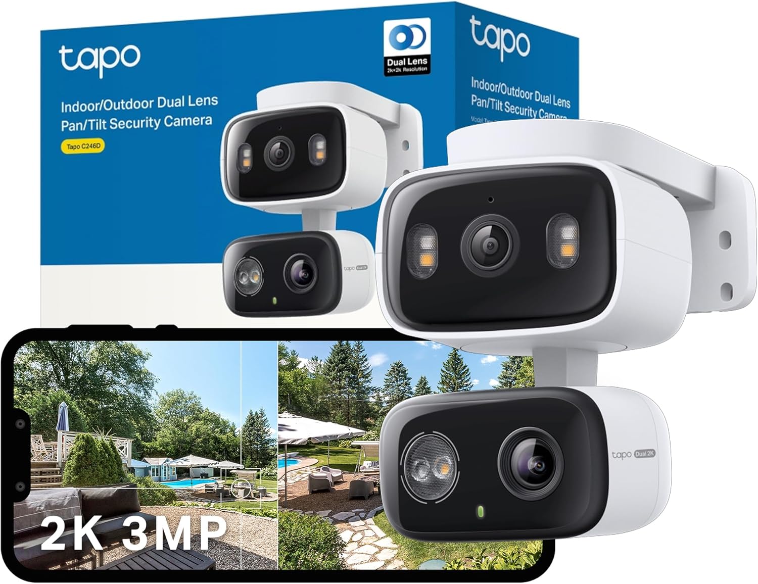Tapo C246D 2K 3MP Dual Lens Security Camera Outdoor, AI Detection, Outdoor Camera,CCTV,125°Wide Angle Two Views,One Screen,Smart Tracking,IP65,Google Home/Alexa,No Monthly fee,Personalized Patrol