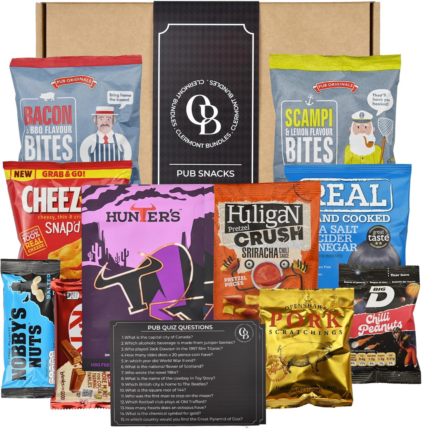 Pub Snacks Hamper Gift Set - Includes 11 Bar Snacks Savoury, Pork scratchings, Nuts, Crisps, Beef Jerky, Quiz Card and Much More - Ultimate Pub Night At Home!