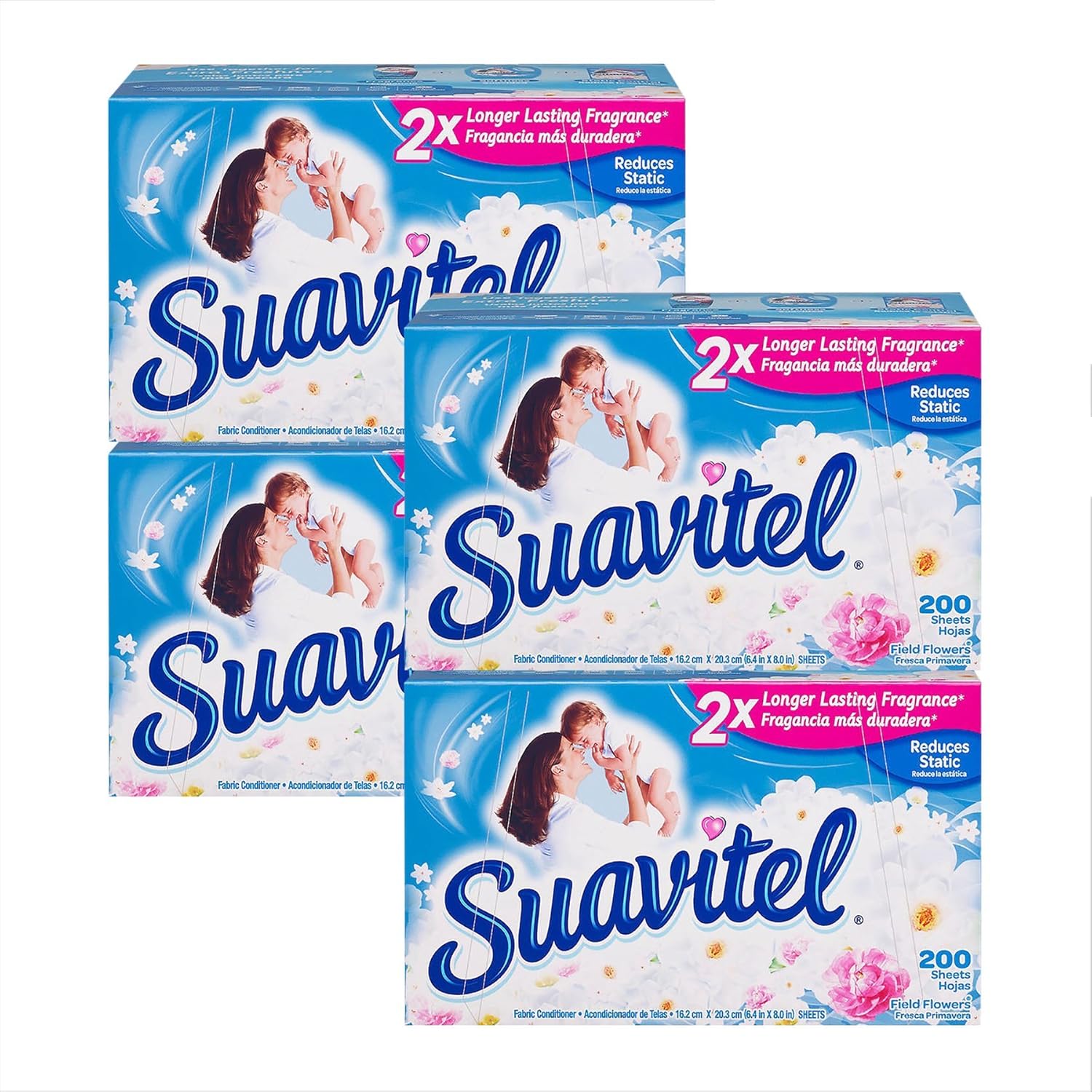 Suavitel Fabric Softener Dryer Sheets, Field Flowers - 200 Sheets (4 Pack)