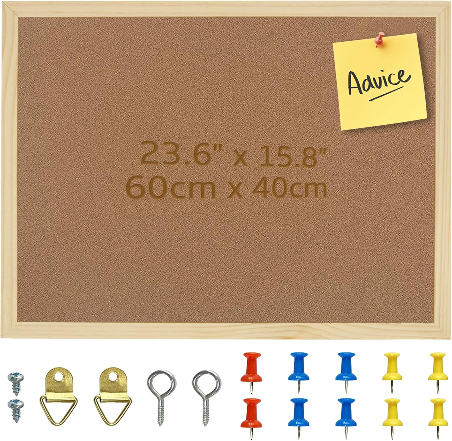 OWLKELA 60x40cm Thicken Cork Notice Pin Memo Board with 10 Pushpins and Hanging Rings Vision Bulletin Board for Office, Classroom or Home Classic Wooden Frame