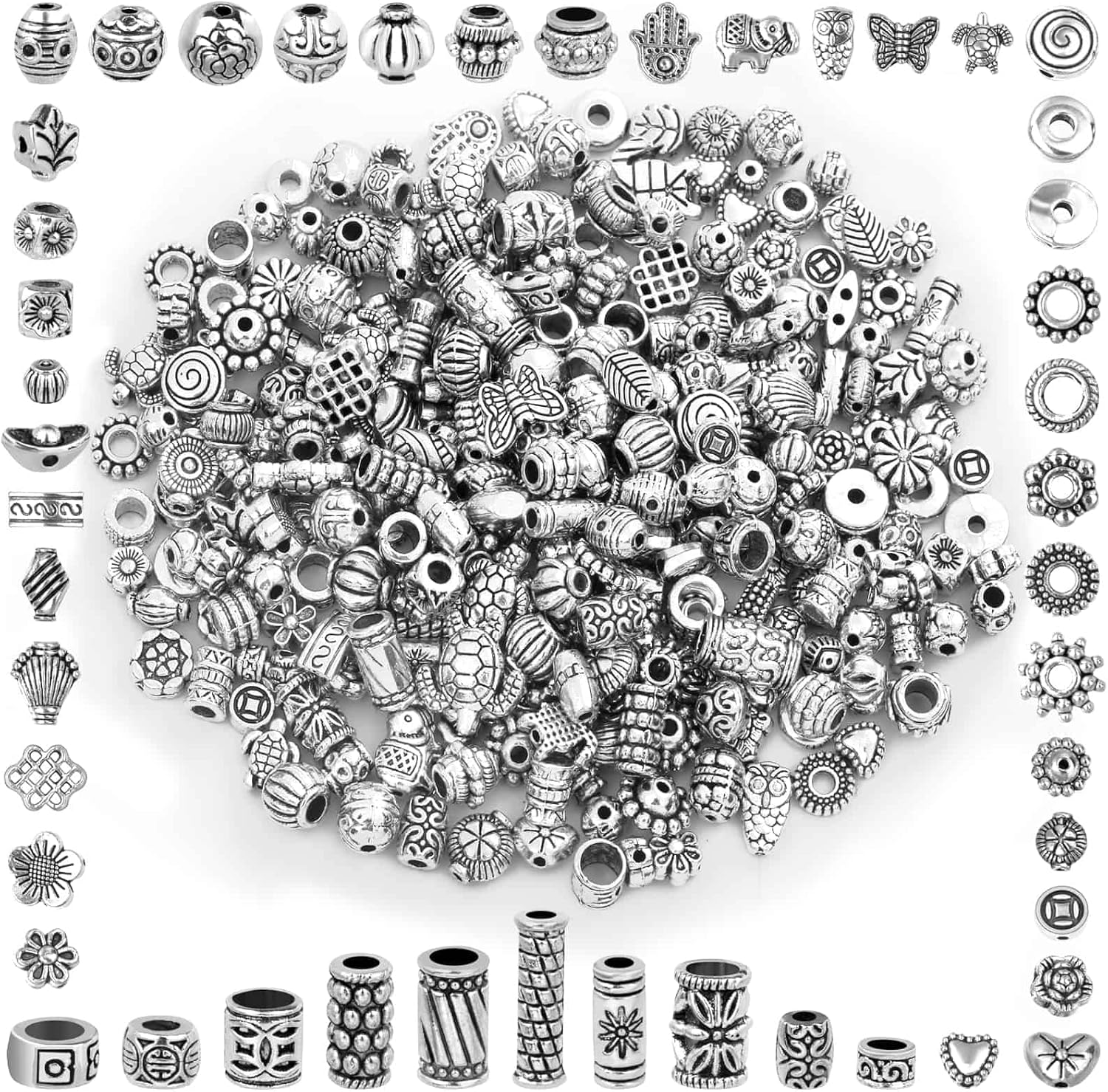 350 Pcs Silver Spacer Beads for Jewelry Making, Mixed Bulk Random Styles Metal Beads for Bracelets, Necklace, Earring Jewelry Making