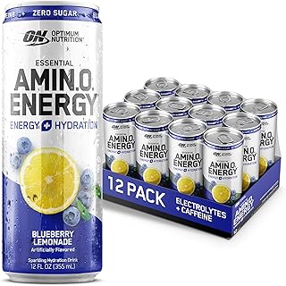 Optimum Nutrition Amino Energy Sparkling Hydration Drink, Electrolytes, Caffeine, Amino Acids, BCAAs, Sugar Free, Blueberry Lemonade, 12 Fl Oz, 12 Pack (Packaging May Vary)