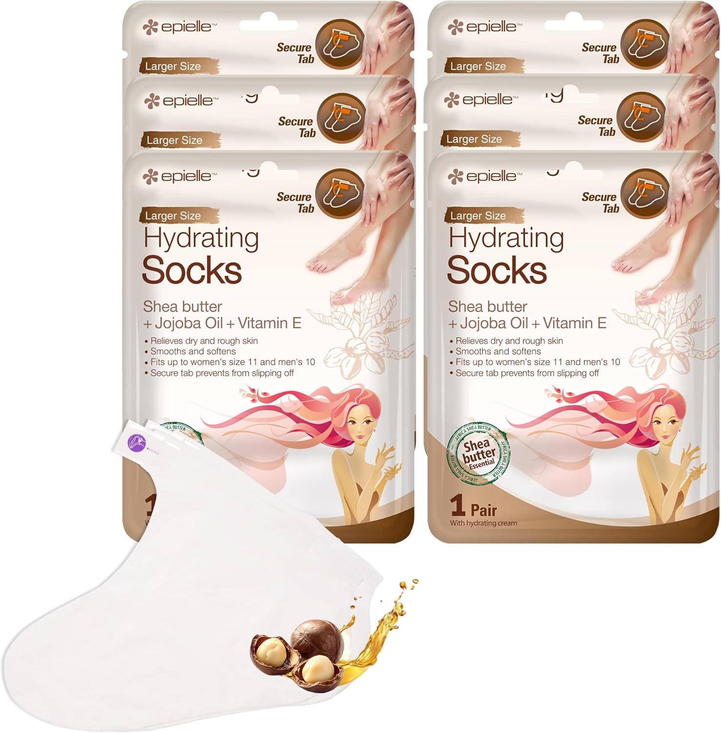 Epielle Hydrating Foot Masks 6 Pairs, Deep Moisturizing Socks for Dry Feet & Cracked Heels, Relieve and Soften with Shea Butter & Jojoba Oil, Korean Skin Care, Spa Set, Self Care Gifts for Women