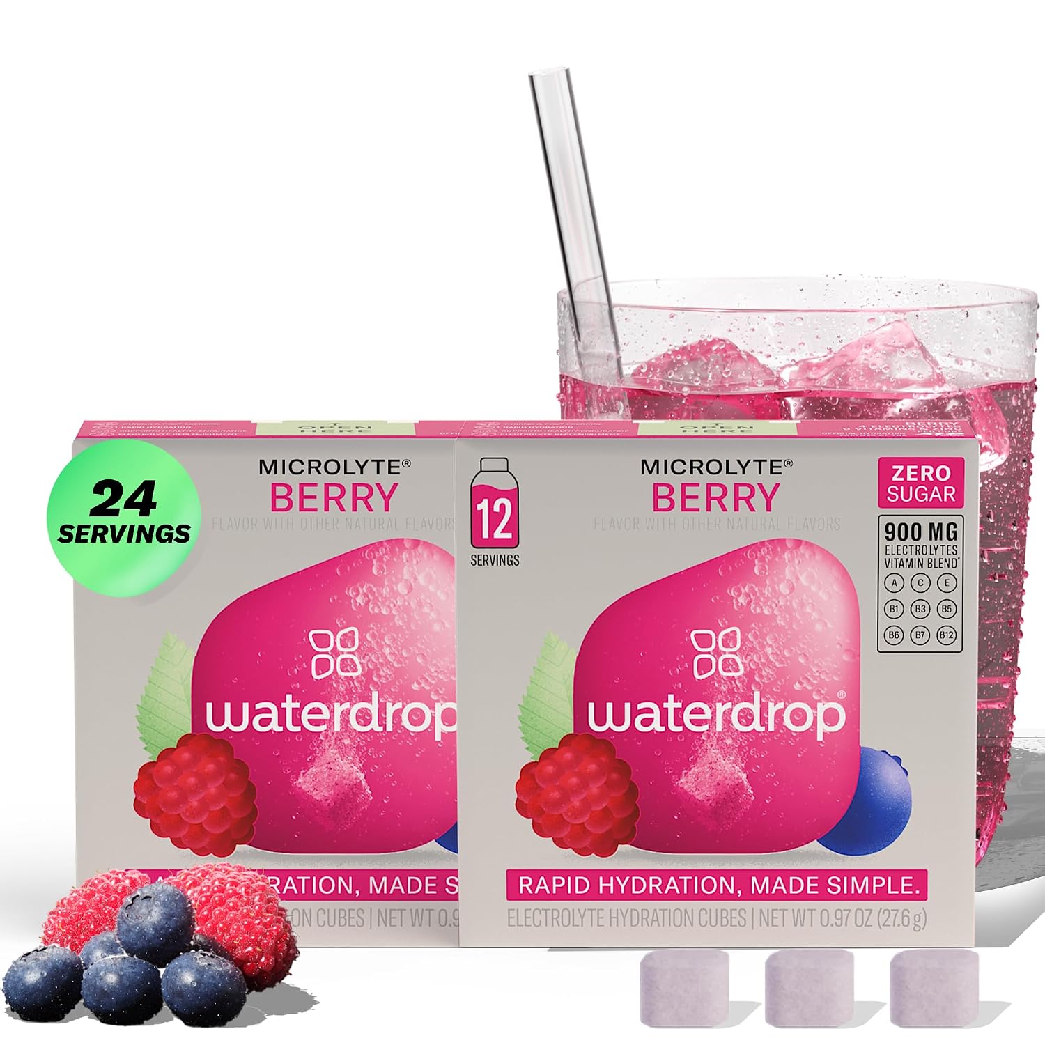 Waterdrop Microlyte Hydration Cubes, Berry Flavor, Electrolyte Drink Mix with Zinc, Magnesium, Potassium, Calcium & 9 Vitamins, Zero Sugar, Low Calorie, Sports Drink with Electrolytes, 24 Count