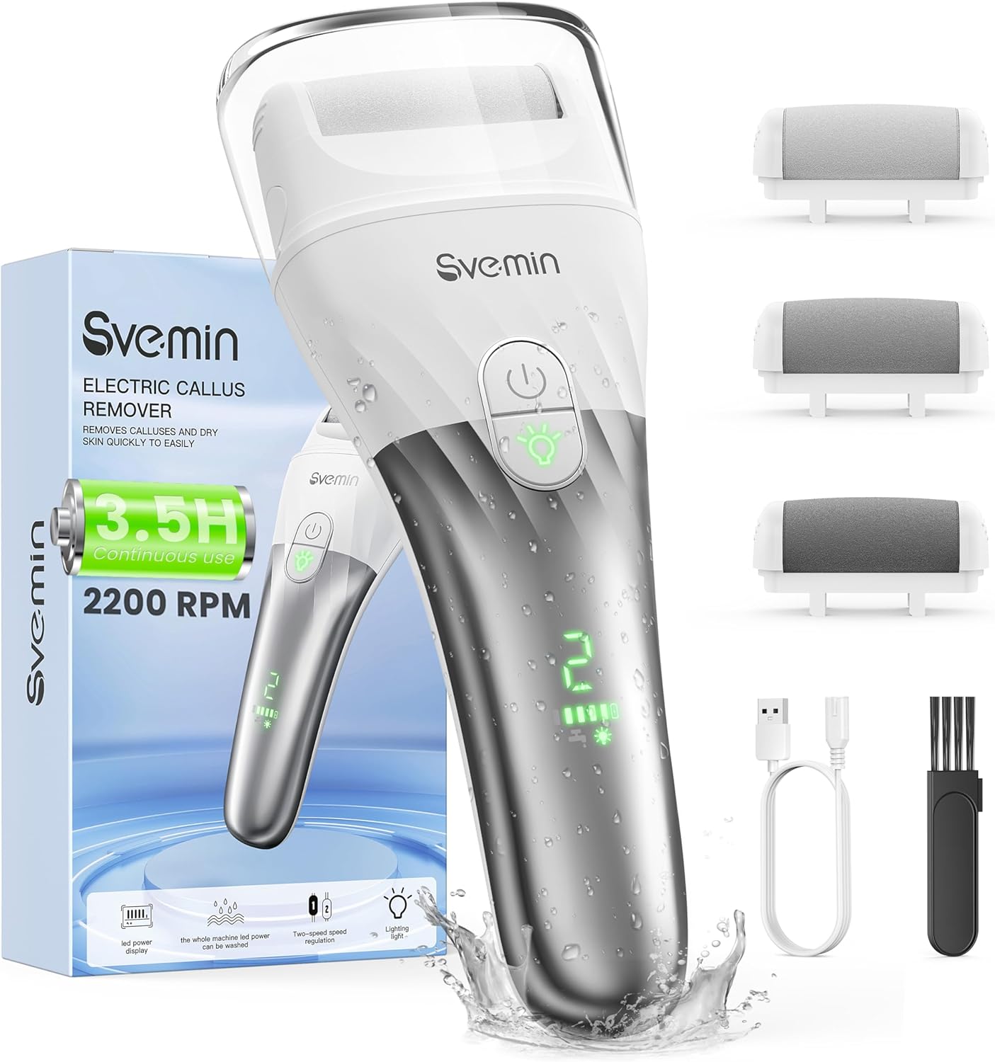 Electric Callus Remover for Feet - 2-Speed Rechargeable Pedicure Kit with 3 Rollers, IPX4 Waterproof Foot Scrubber & Digital Display | Professional Dead Skin & Callus Remover for Women/Men