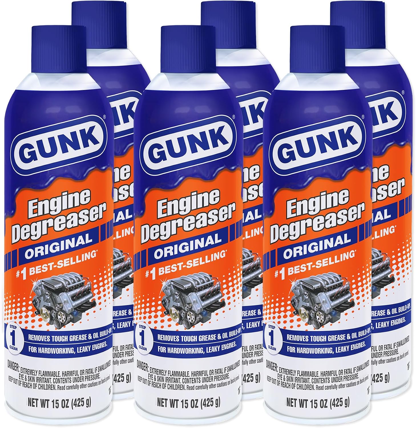Gunk Engine Degreaser – Original Degreaser Cleaner Spray – Quickly Removes Tough Oil & Grease – Cleans Hardworking Engines – Rinses Easily with Water – 15 oz (Case of 6)