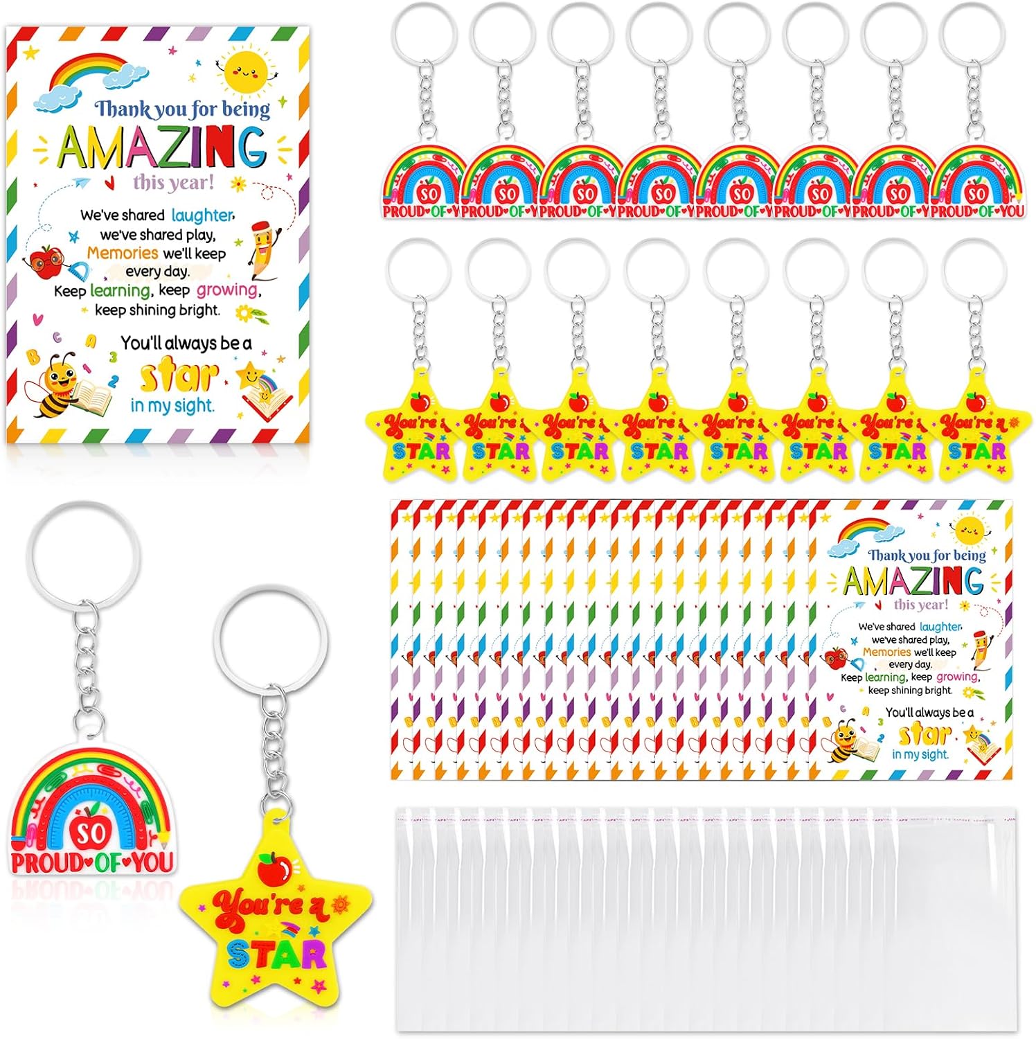 HOWAF End of Term Gifts for Children 30, Year 6 Leavers Gifts for Students from Teachers, End of Year Class gifts for 30 Children Motivational Cards Silicone You're a Star Keyring Rainbow Keyrings