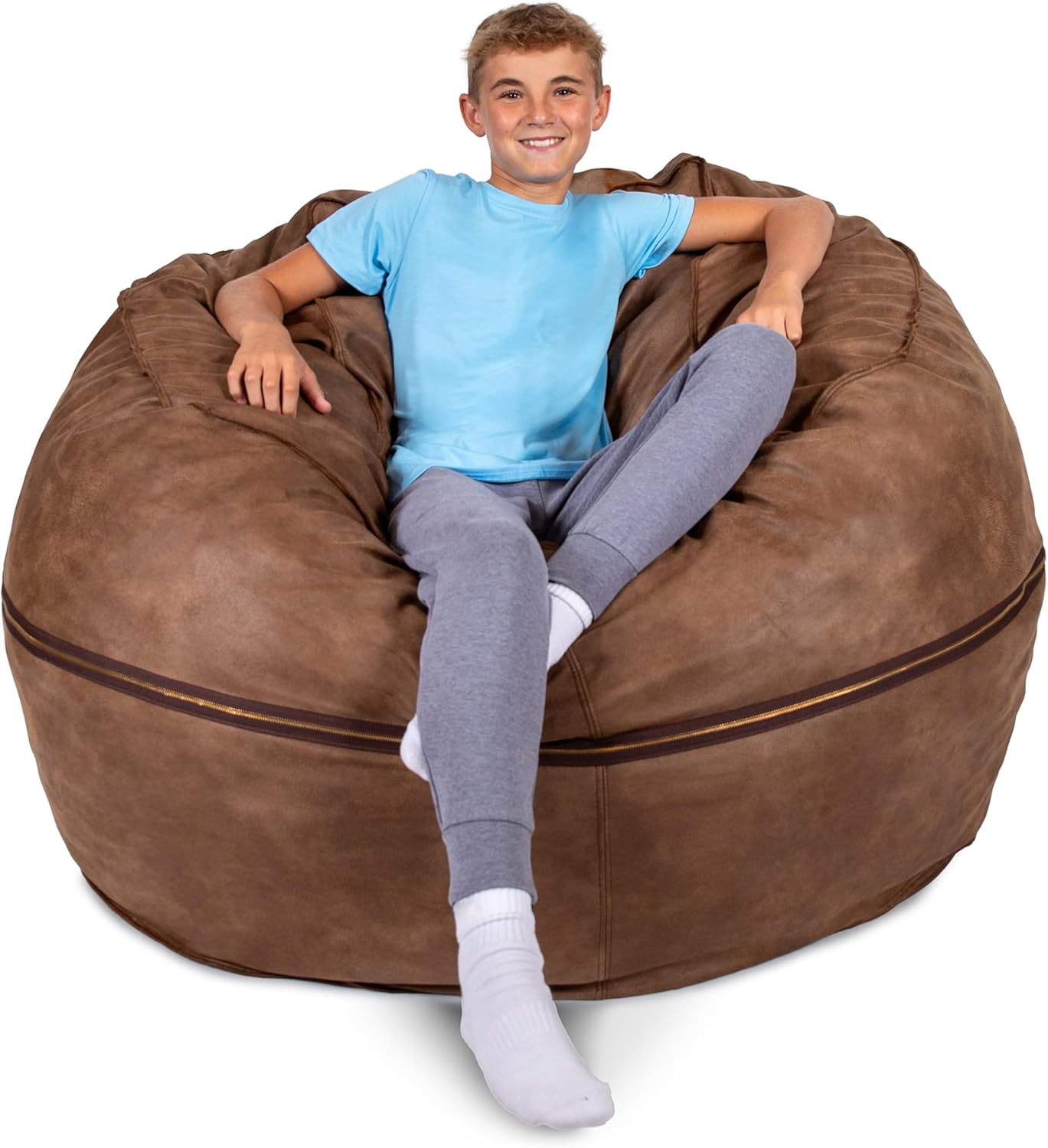 Big Joe Fuf Large Foam Filled Bean Bag Chair with Removable Cover, Coffee Soft Vegan Leather, 4 feet Big