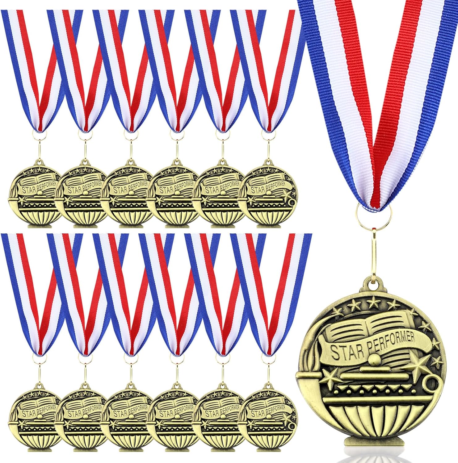 Award Medals Bulk 2'' Award Medals with Neck Ribbons Gold Bronze Winner Metal Trophy Prize Gift Prize for Competition Kids Adults Graduation Students