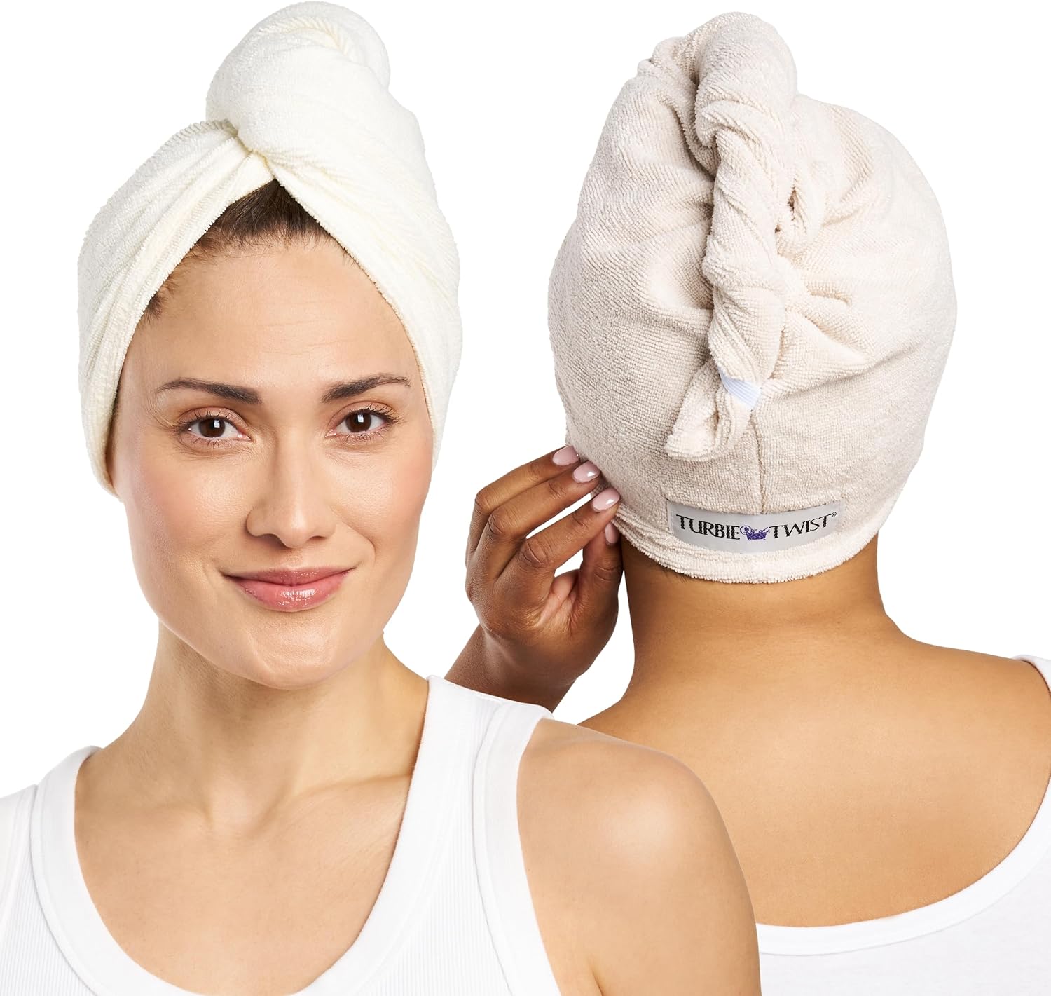 Turbie Twist 2-Pack Microfiber Hair Towel for Beauty, Travel, Gifting - Wrap Turban for Straight, Wavy & Curly Hair - Premium Personal Care - Antique White & Moonbeam