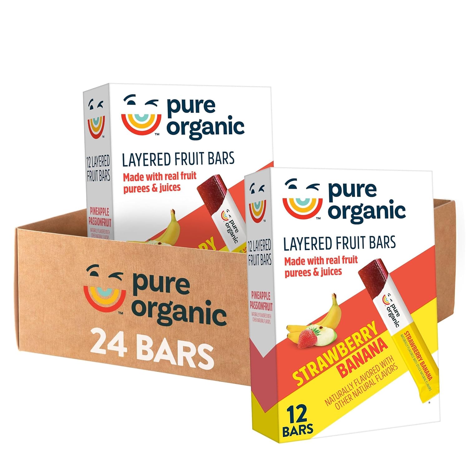 Pure Organic Layered Fruit Bars, Strawberry Banana, Gluten Free, Vegan Fruit Snacks (2 Boxes, 24 Bars)