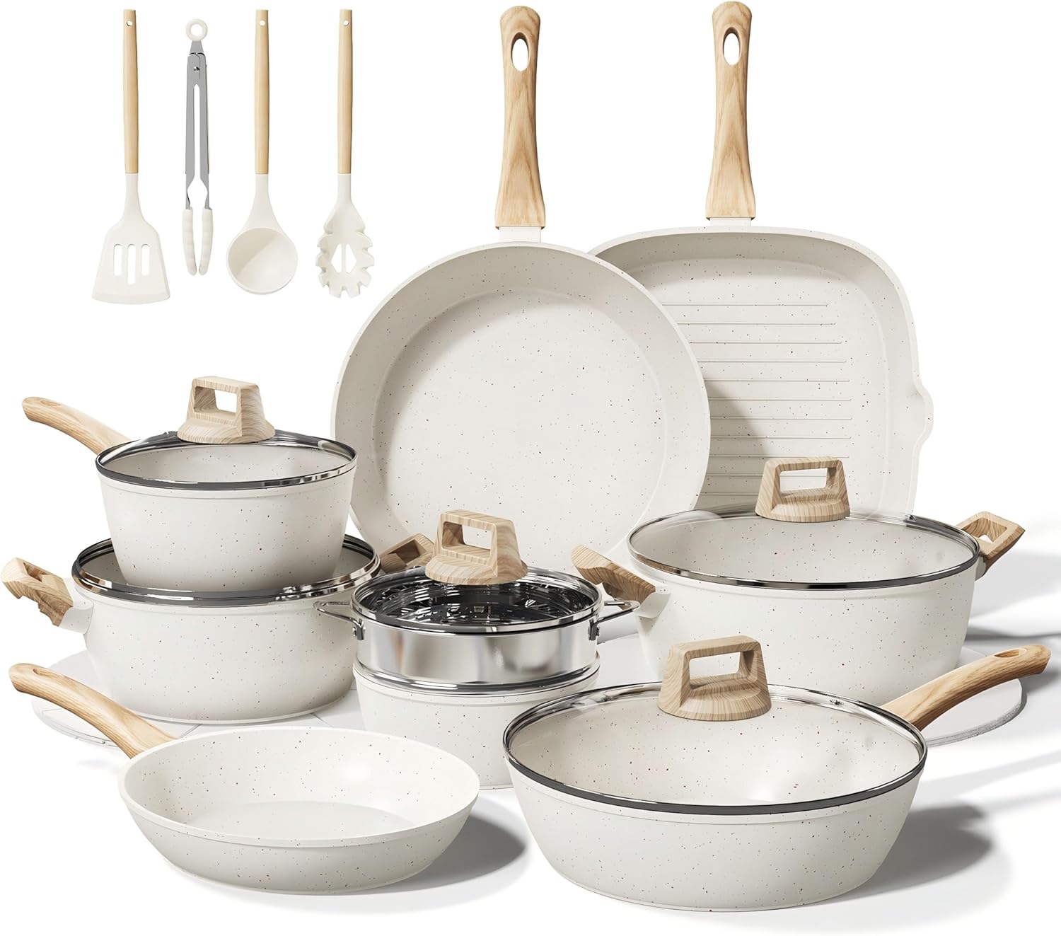 24 Pcs Pots and Pans Set Non Stick Ceramic Cookware Set,Healthy Non Toxic Kitchen Cookware Sets with Large Capacity,Induction Compatible,Dishwasher Safe,PFAS/PTFE/PFOA/PFOS Free,Cream White